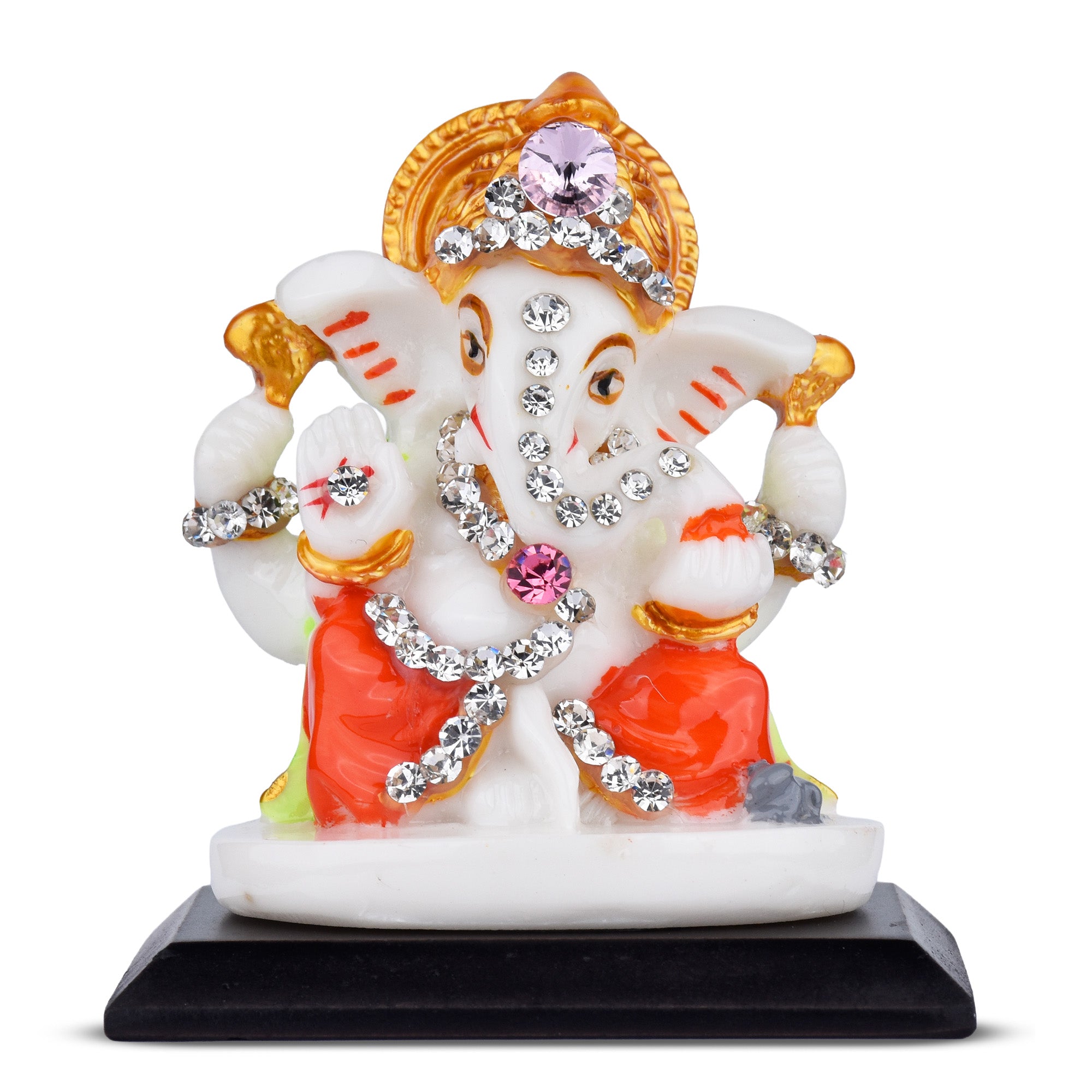 Lord Ganesha Idol with Crown & Orange Attire – Polyresin 2.5 inches Decorative Statue with Diamond Work