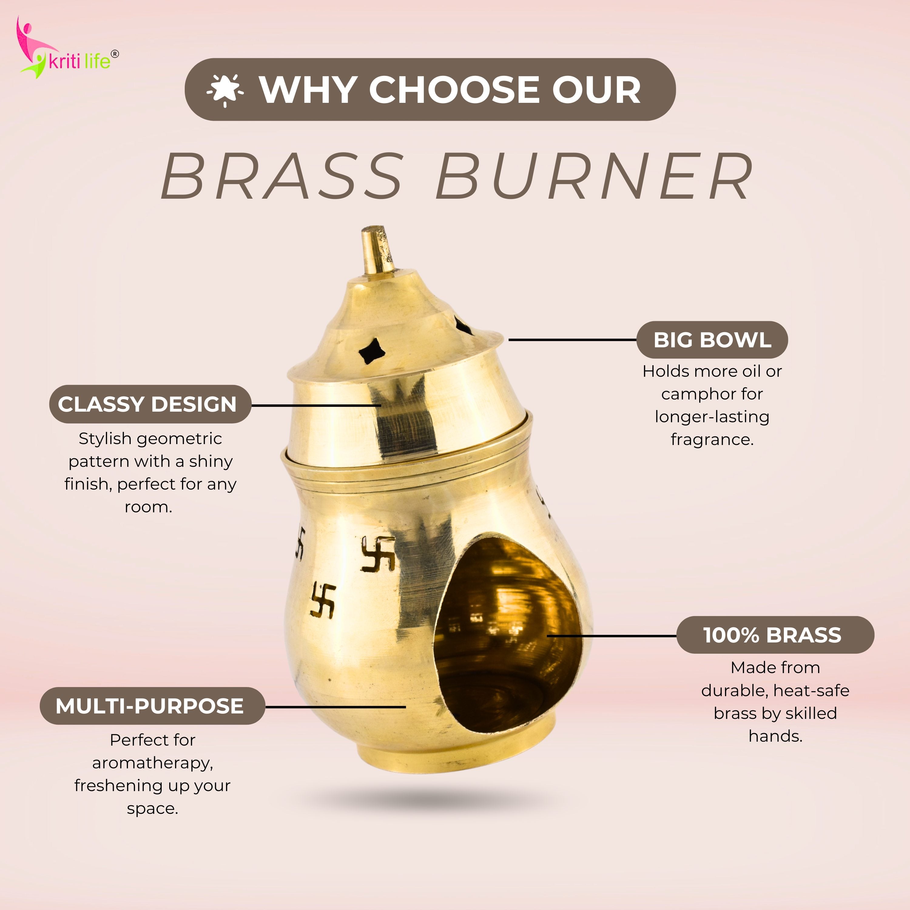 Brass Aroma Oil Burner with Lid & Swastik Design | Camphor & Essential Oil Diffuser -5.5 inches