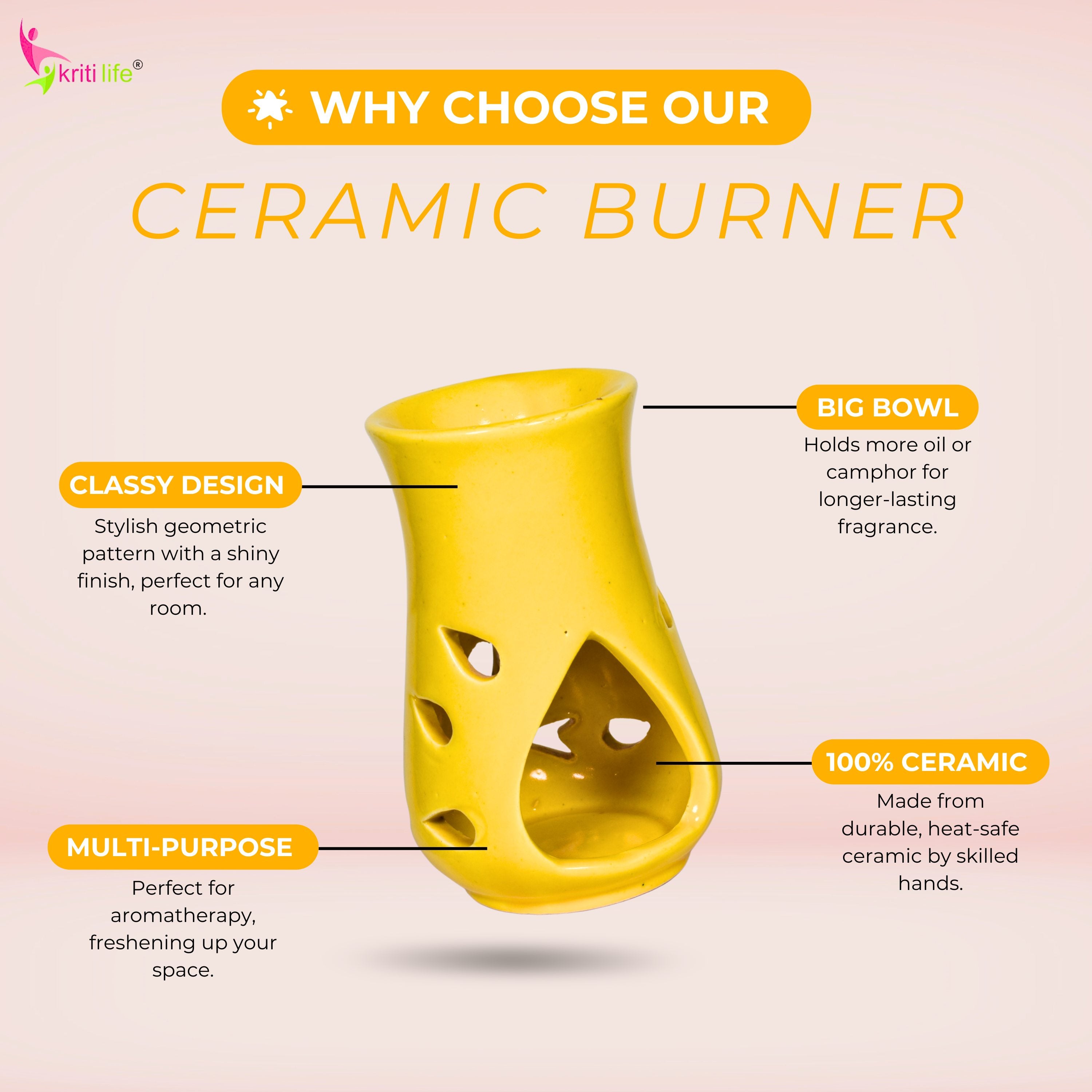 Yellow Ceramic Aroma Oil Burner with Essential Oils | Aromatherapy Diffuser for Home, Spa & Meditation-5 Inches