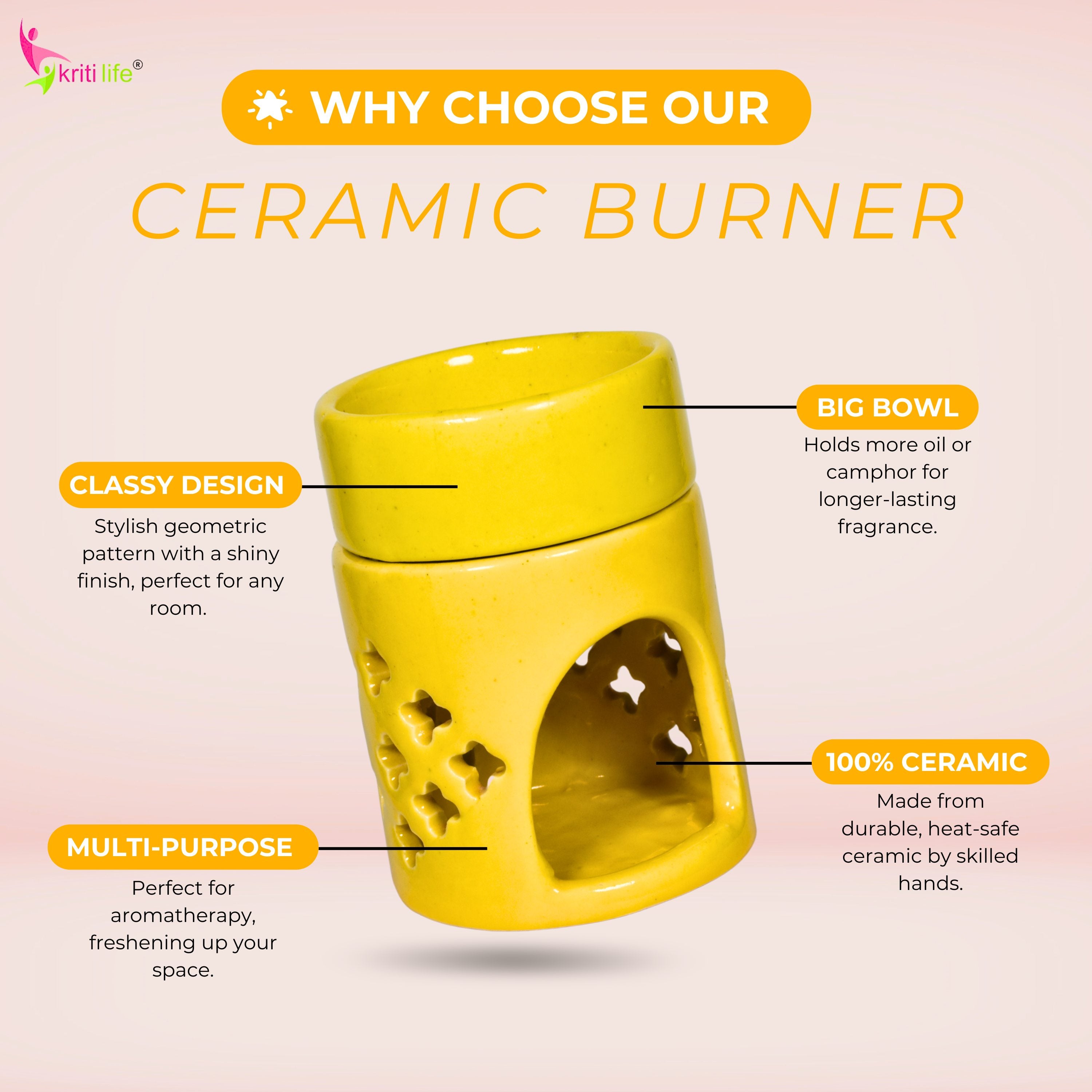Round Top Yellow Ceramic Aroma Oil Burner | Stress Relief & Aromatherapy Diffuser for Meditation, Spa & Home- 4 inches