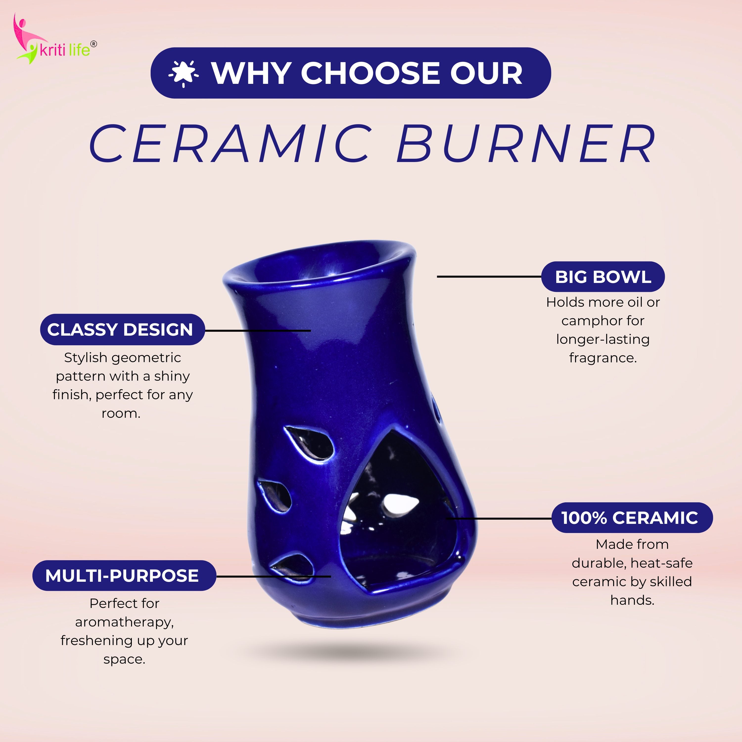 Ceramic Aroma Oil Burner for Camphor & Essential Oils | Blue Fragrance Diffuser-5 inches