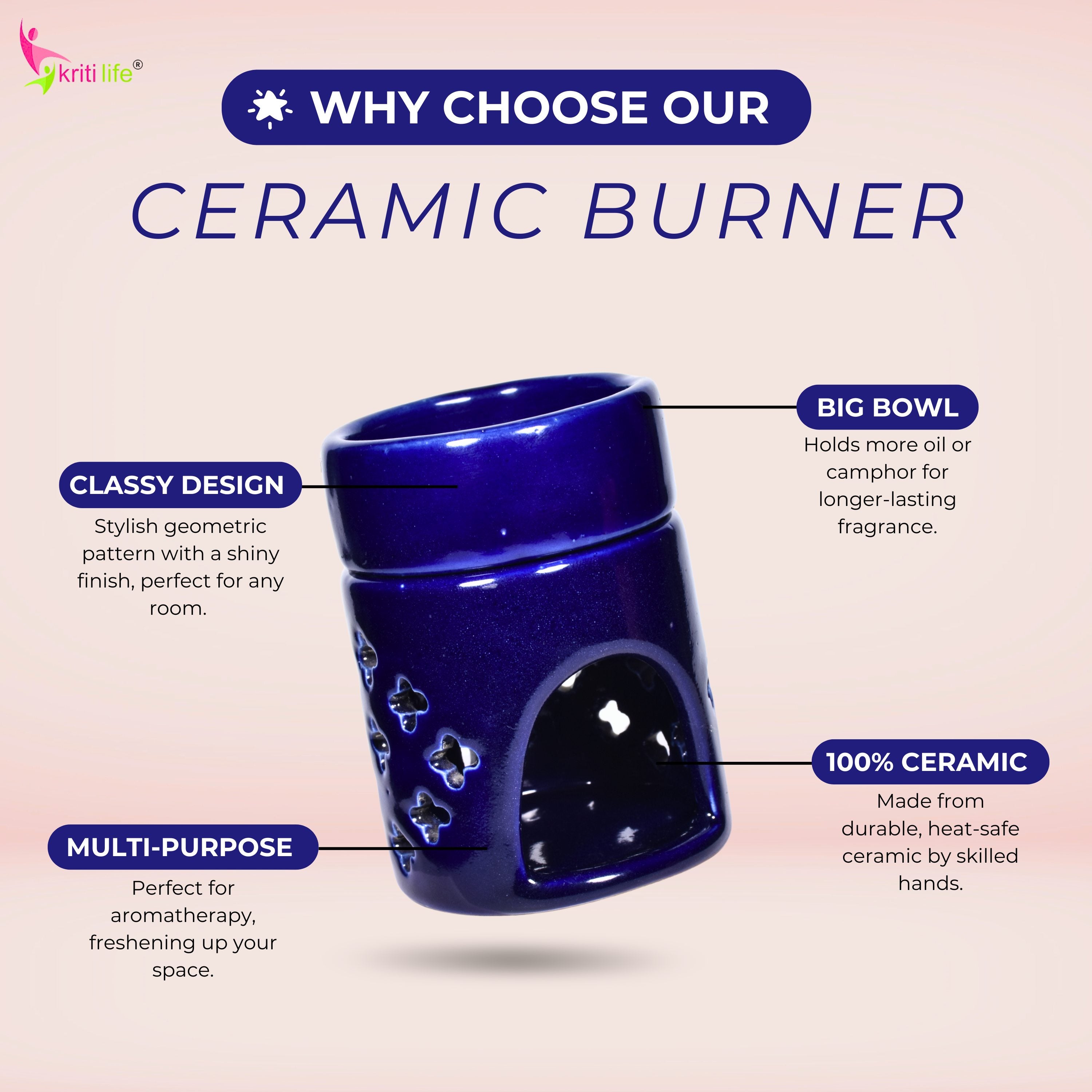 Round Ceramic Aroma Oil Burner (Dark Blue) for Essential Oils & Camphor - 4 inches