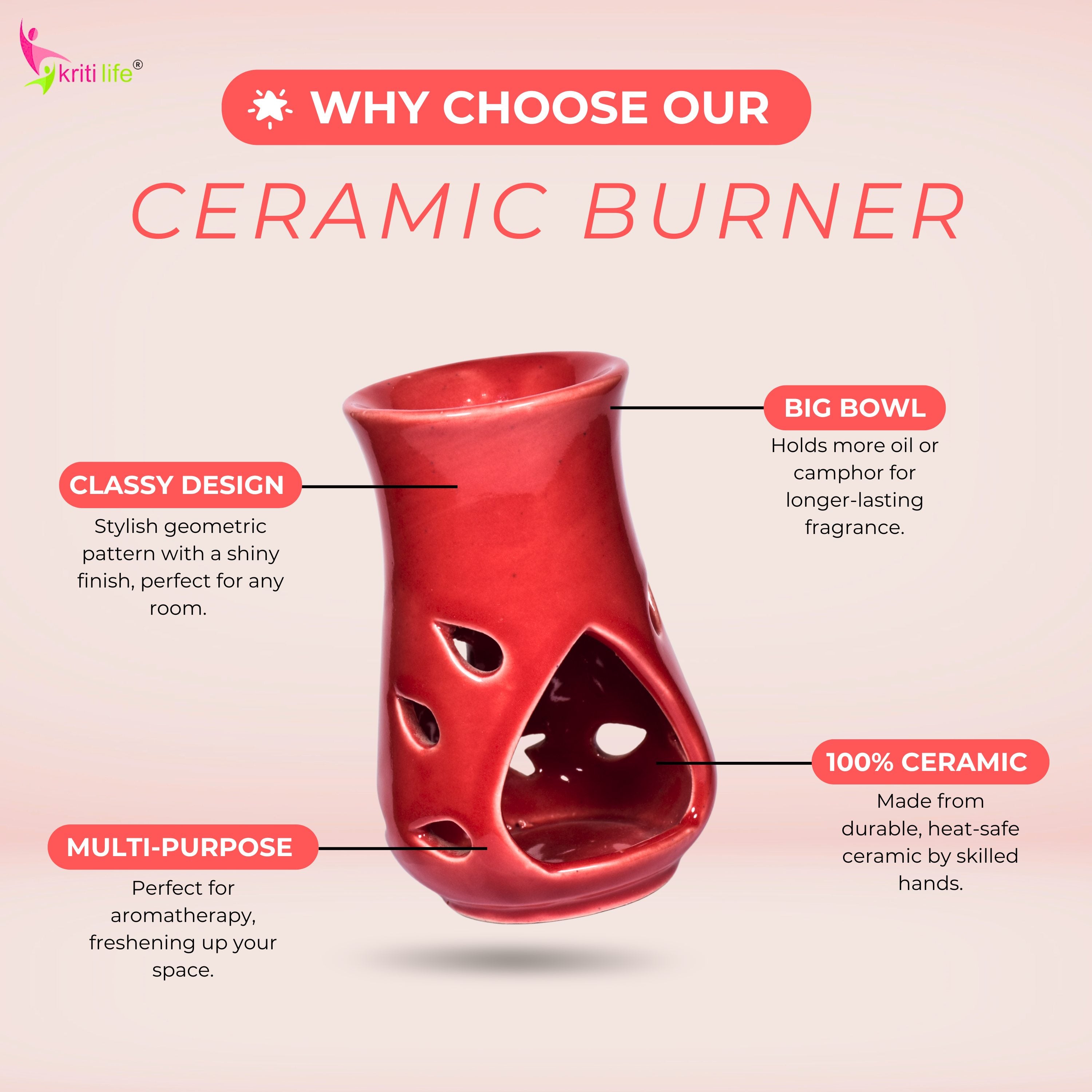 Red Ceramic Aroma Oil Burner for Essential Oils & Camphor-5 inches (5669145)