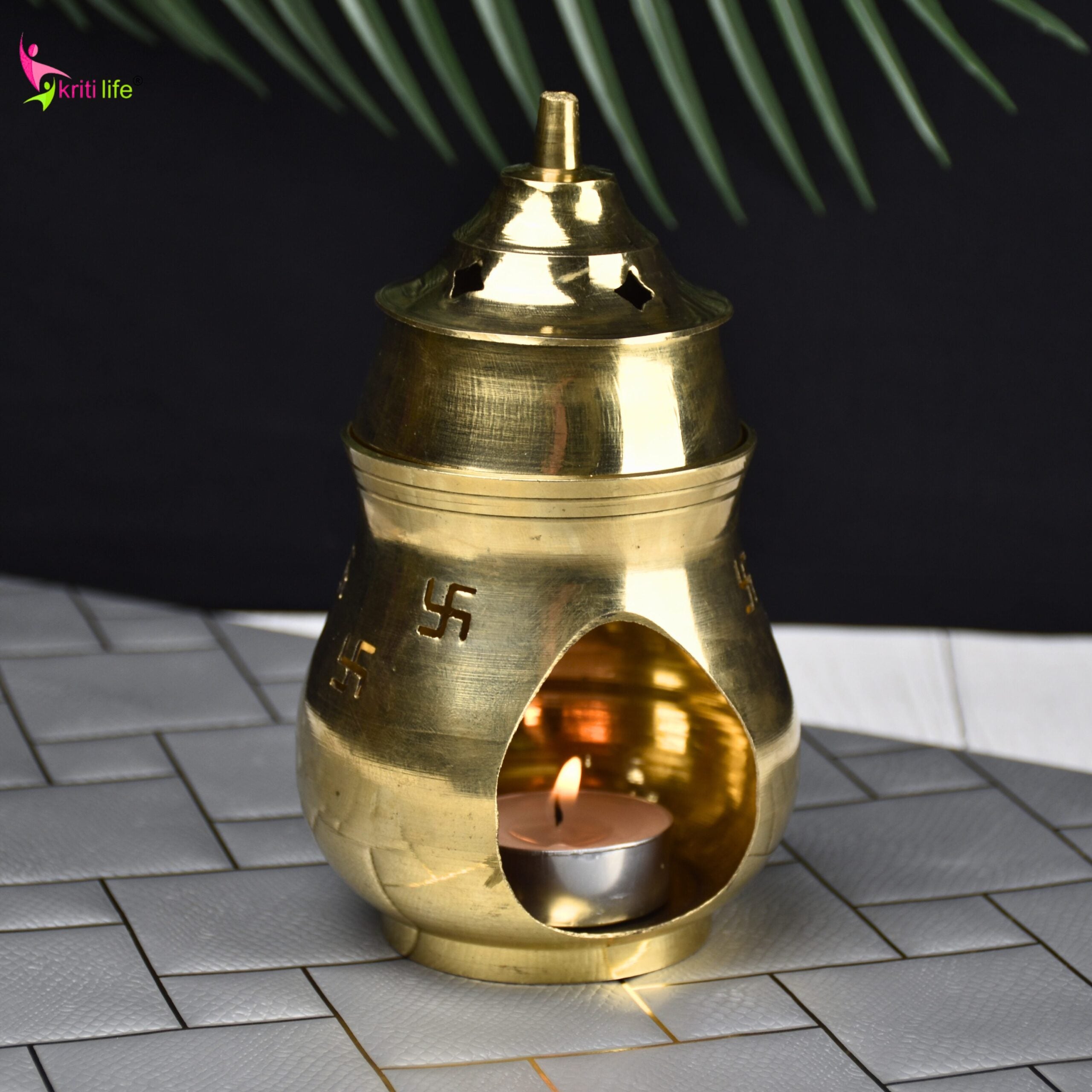 Brass Aroma Oil Burner with Lid & Swastik Design | Camphor & Essential Oil Diffuser -5.5 inches