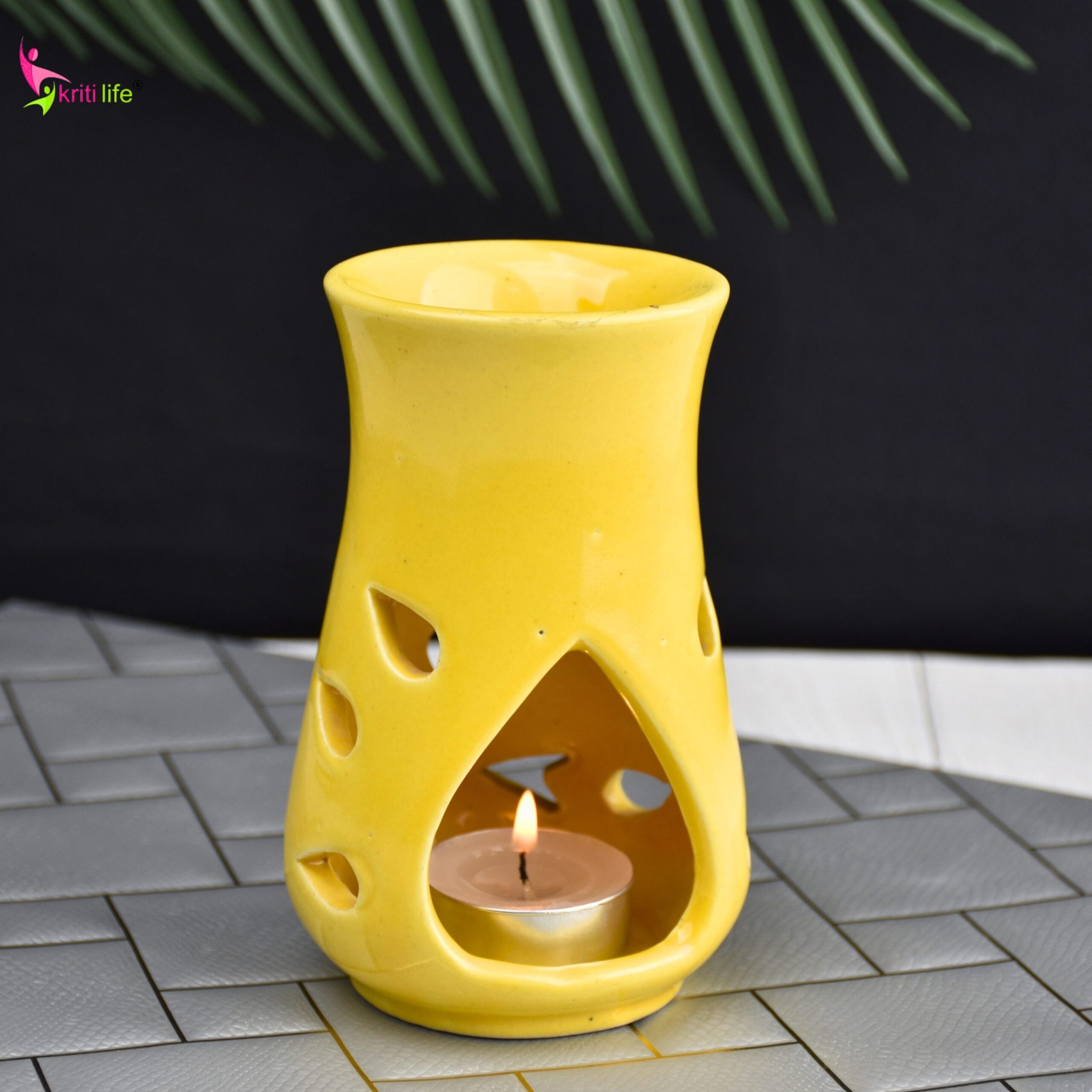 Yellow Ceramic Aroma Oil Burner with Essential Oils | Aromatherapy Diffuser for Home, Spa & Meditation-5 Inches