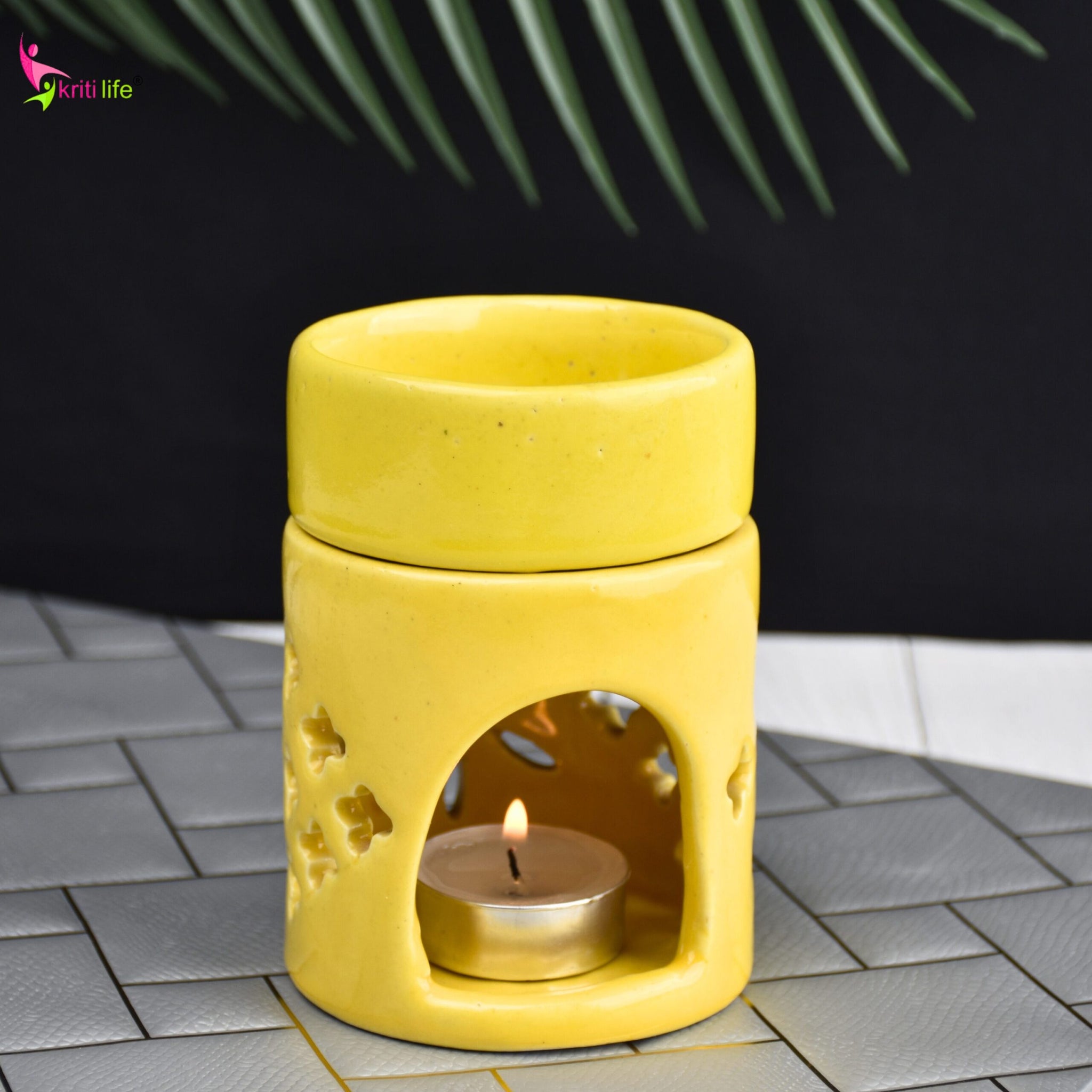 Round Top Yellow Ceramic Aroma Oil Burner | Stress Relief & Aromatherapy Diffuser for Meditation, Spa & Home- 4 inches
