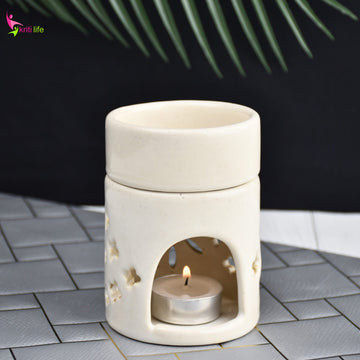 White Ceramic Aroma Oil Burner | Elegant Round Top Diffuser for Meditation, Yoga & Aromatherapy- 4  inches
