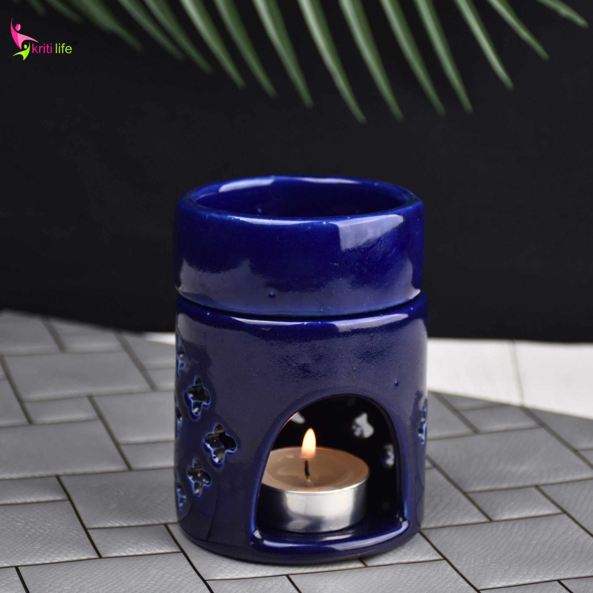 Round Ceramic Aroma Oil Burner (Dark Blue) for Essential Oils & Camphor - 4 inches