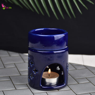Round Ceramic Aroma Oil Burner (Dark Blue) for Essential Oils & Camphor - 4 inches