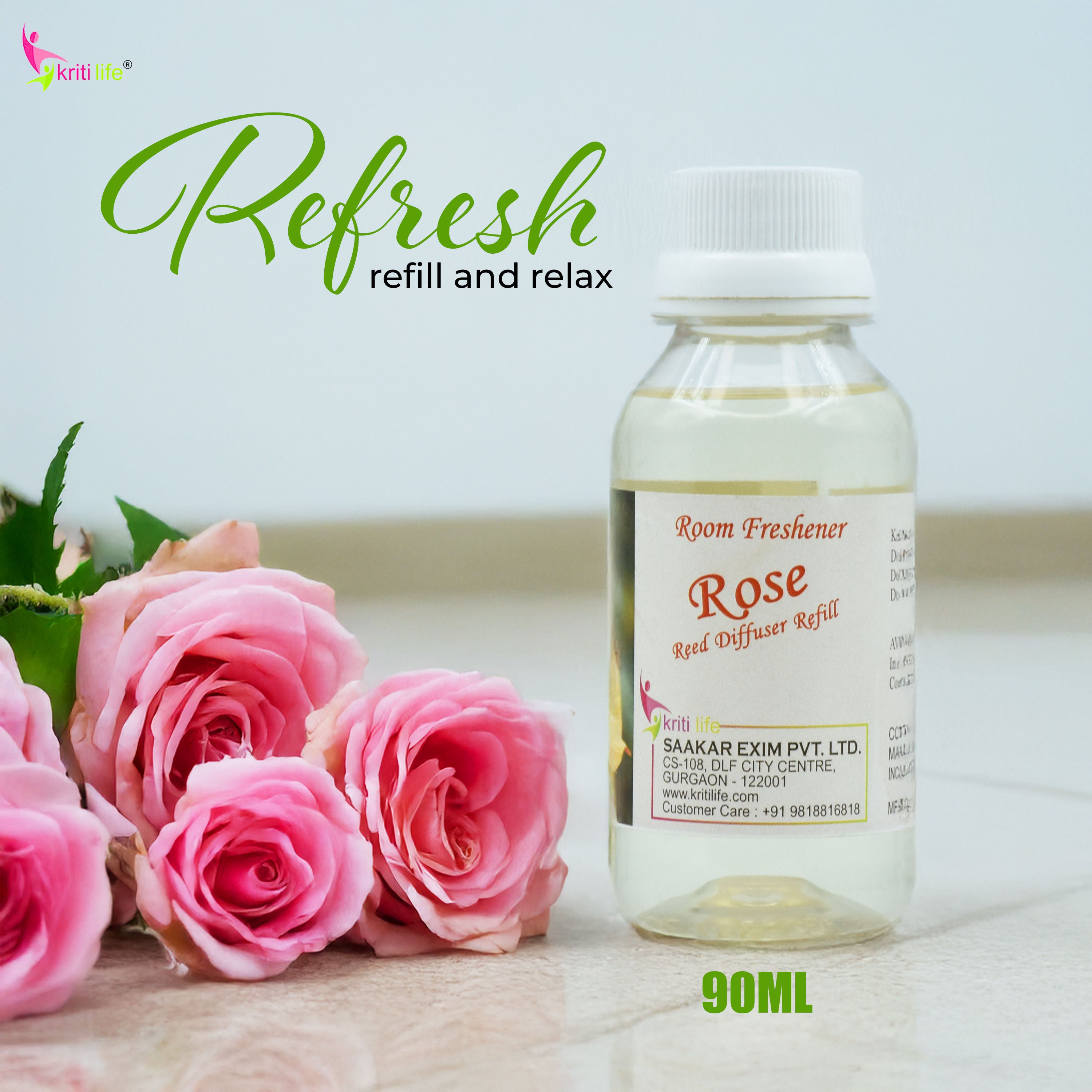 Kriti Life Reed Diffuser Refill - Rose 90ML Long-Lasting Room Fragrance