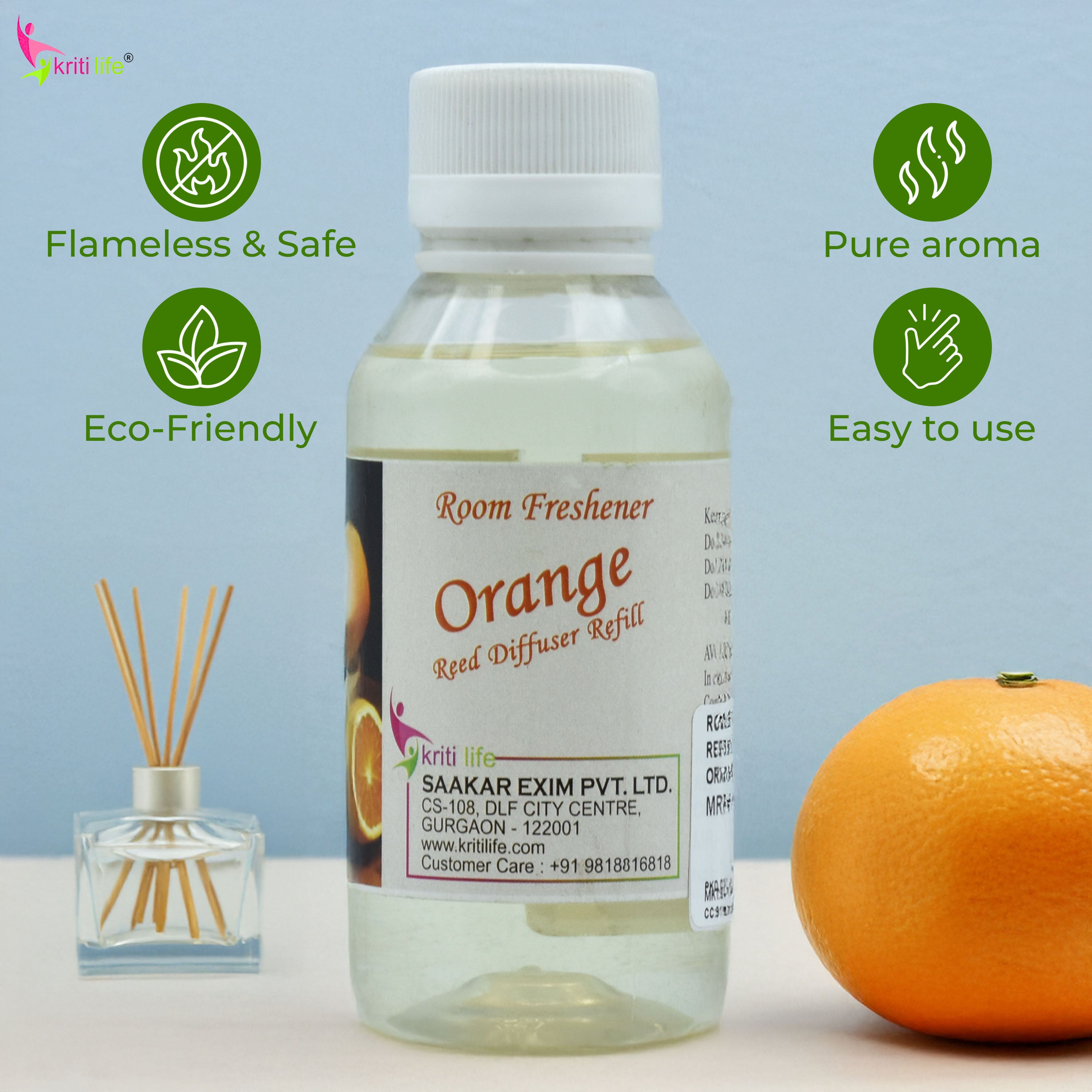 Kriti Life Reed Diffuser Refill - Orange 90ML Long-Lasting Room Fragrance
