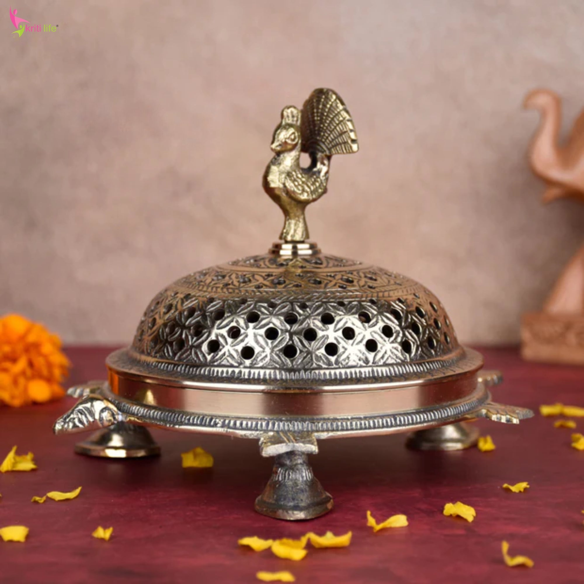 Handcrafted Brass Tortoise Dhupiya | Traditional Dhoop Burner with Peacock Lid | 7 inches