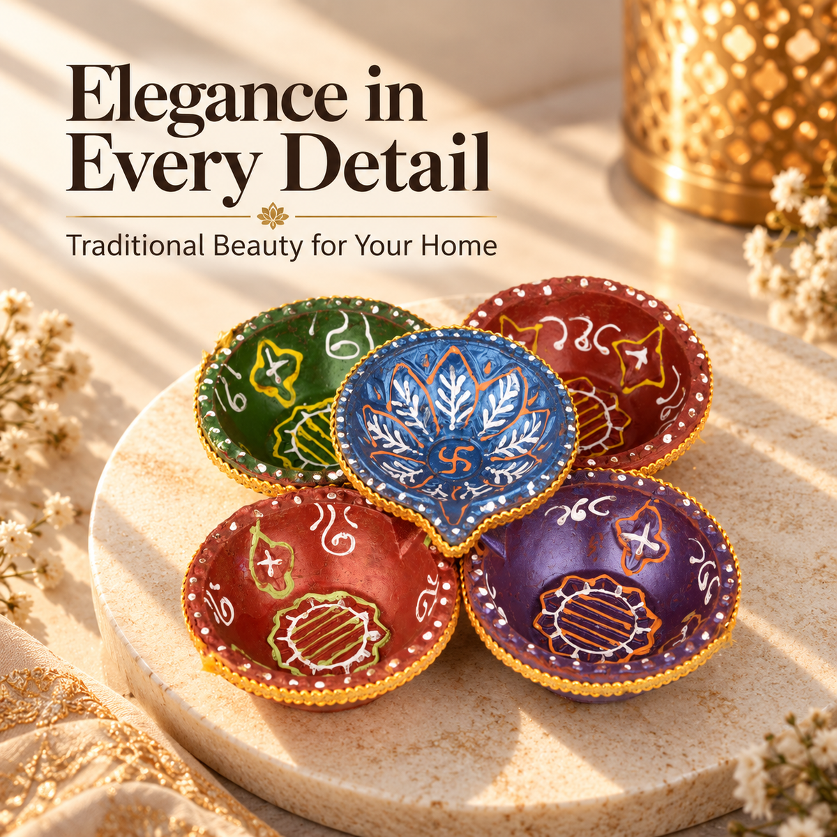 Multicolour Decorative Diya Set of 5 – Traditional Handpainted Style Diwali Diyas