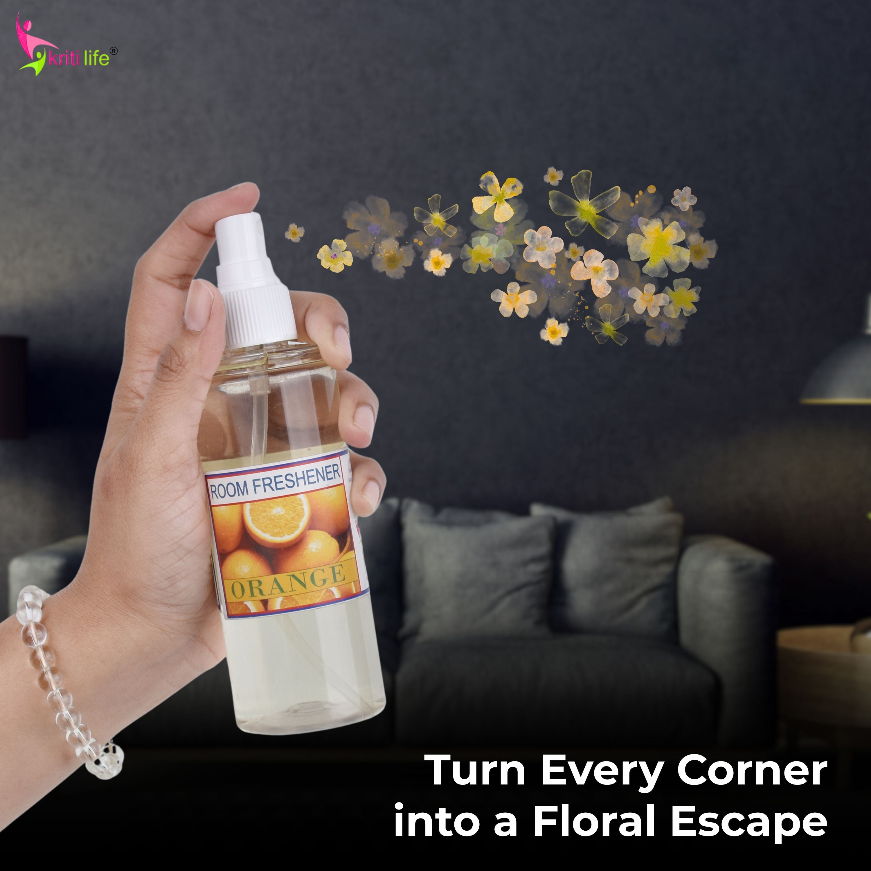 Kriti Life Room Spray - Orange 165 ML Long-Lasting Fragrance for Home &amp; Office.