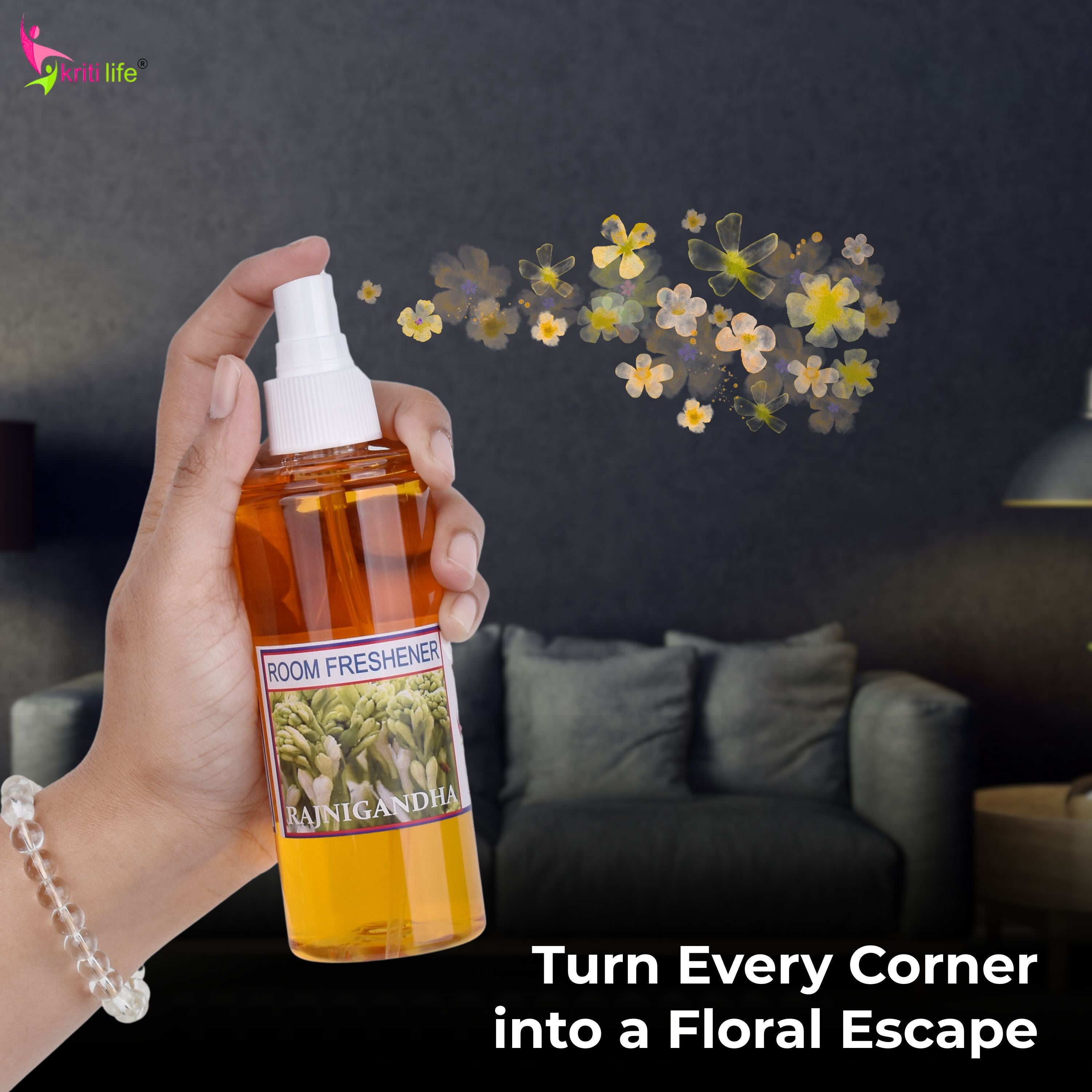 Kriti Life Room Spray - Rajni Gandha 165 ML Long-Lasting Fragrance for Home &amp; Office