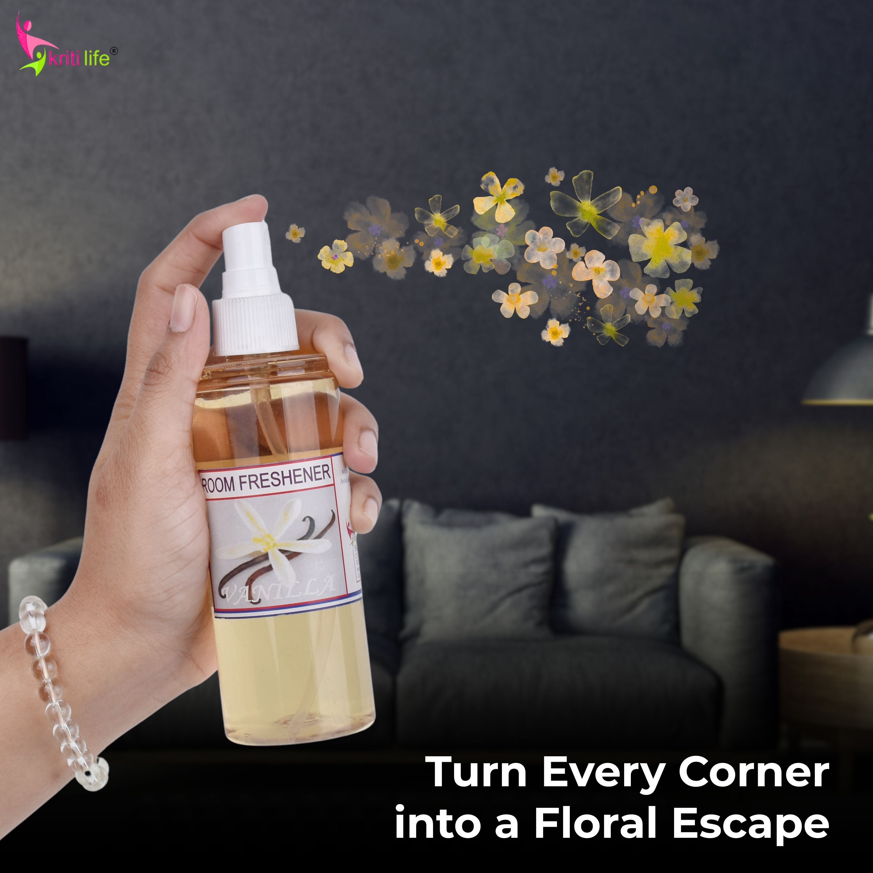 Kriti Life Room Spray - Vanilla -165 ML Long-Lasting Fragrance for Home &amp; Office.
