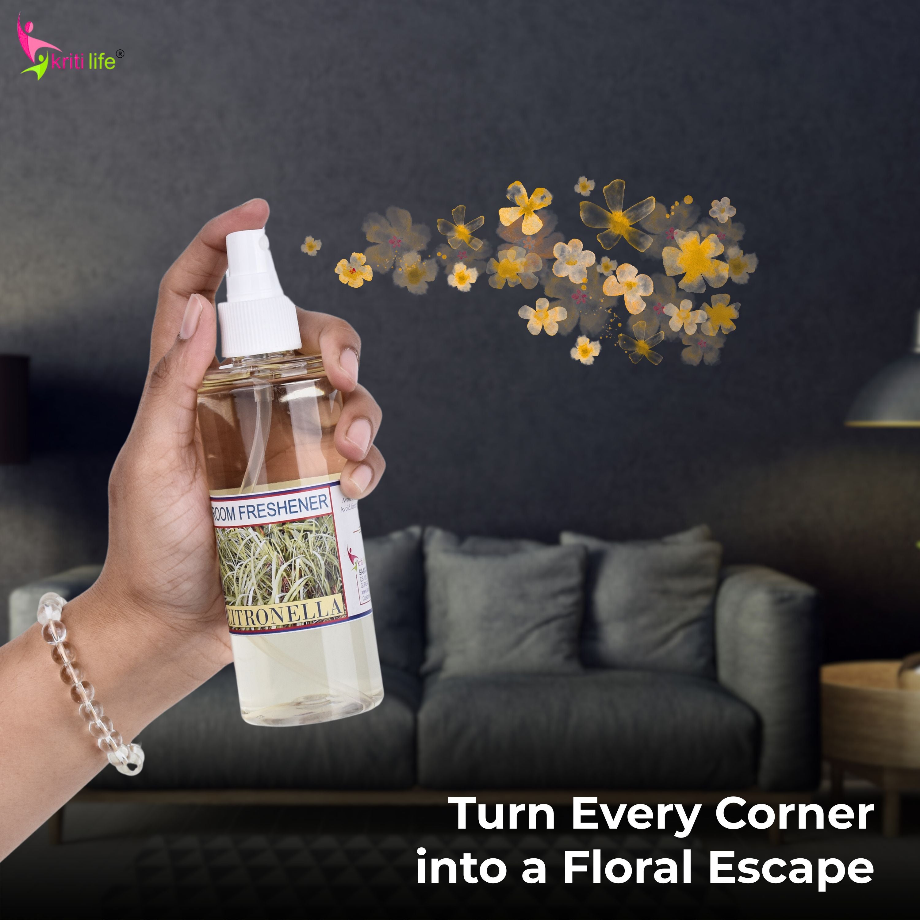 Kriti Life Room Spray - Citronella 165 ML Long-Lasting Fragrance for Home &amp; Office
