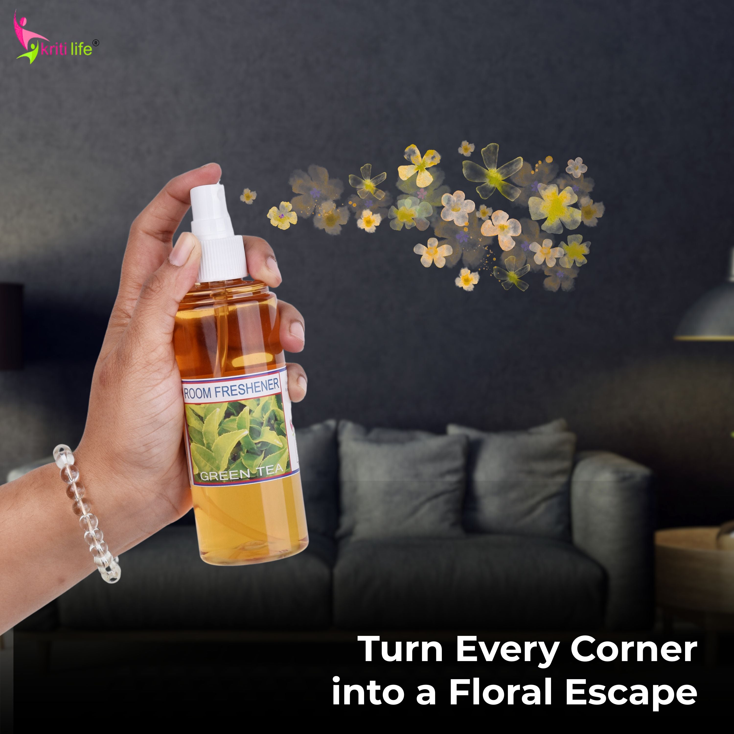 Kriti Life Room Spray - Green Tea 165 ML Long-Lasting Fragrance for Home &amp; Office.