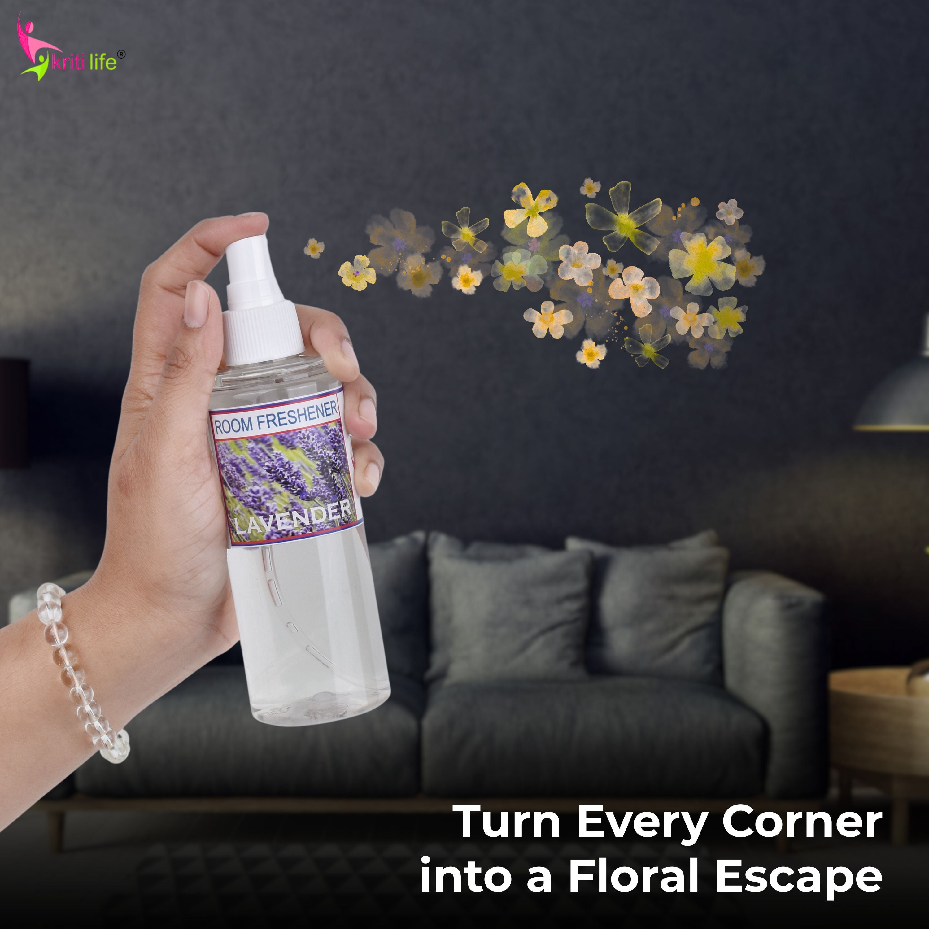 Kriti Life Room Spray - Lavender 165 ML Long-Lasting Fragrance for Home &amp; Office