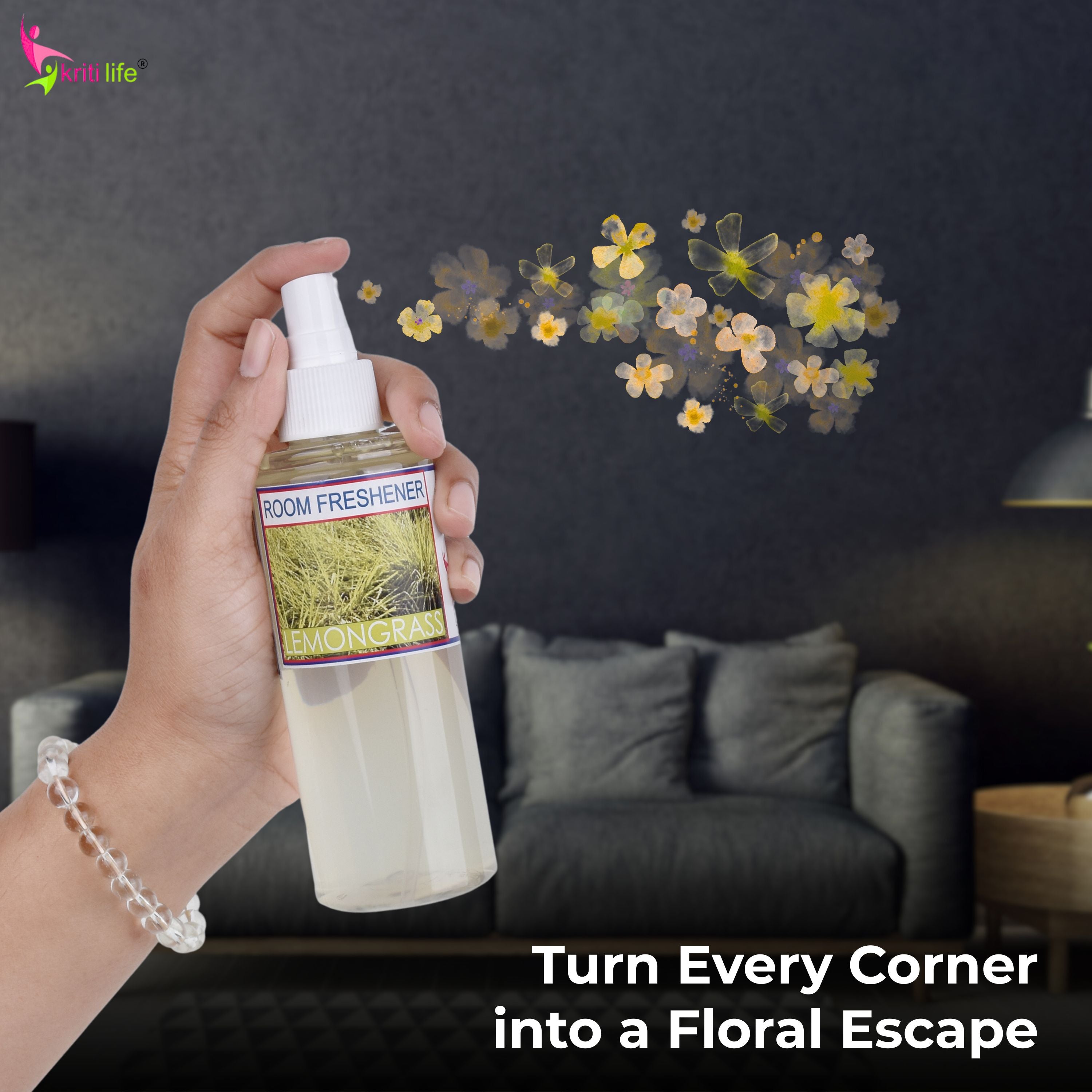 Kriti Life Room Spray - Lemon Grass 165 ML Long-Lasting Fragrance for Home &amp; Office