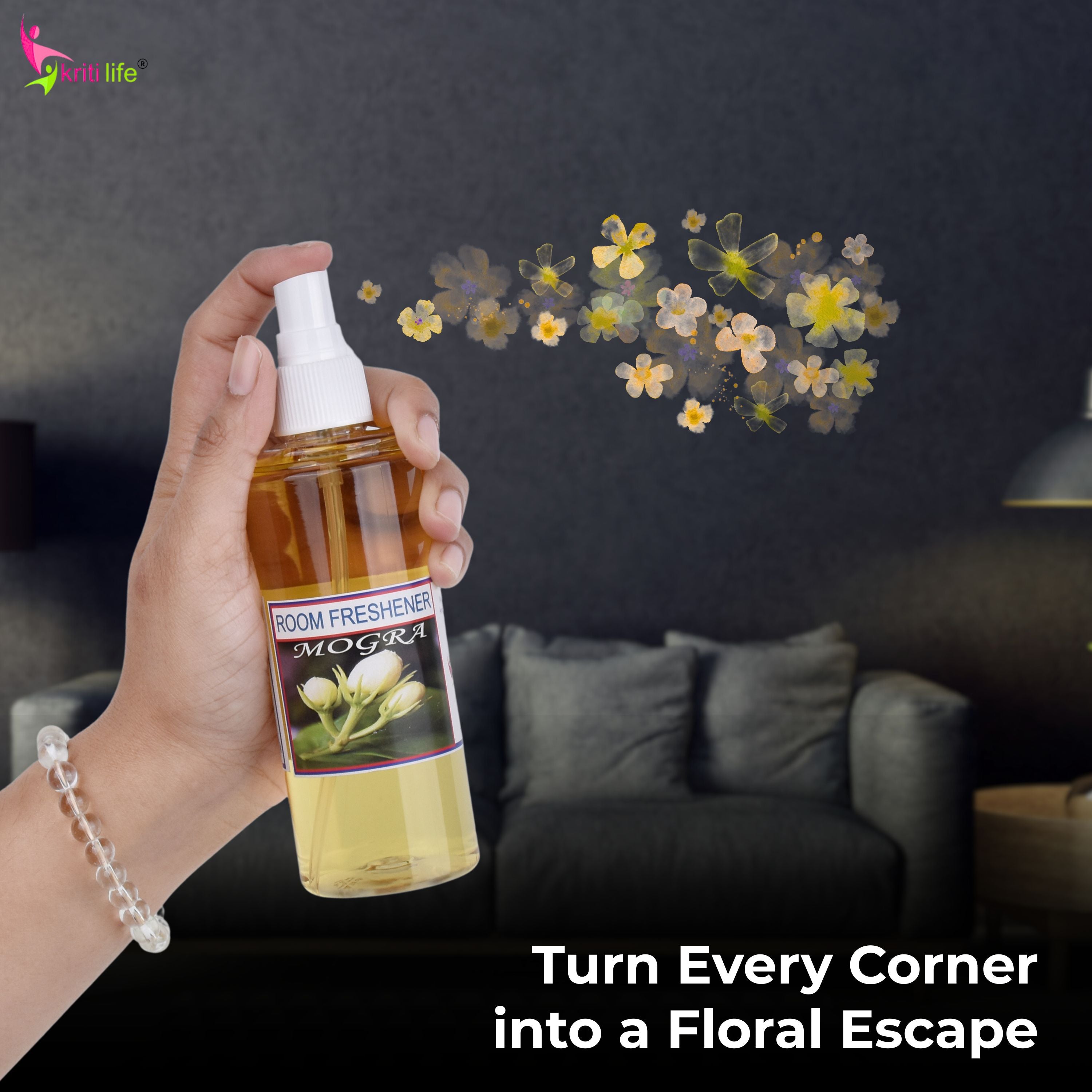 Kriti Life Room Spray - Mogra 165 ML Long-Lasting Fragrance for Home &amp; Office