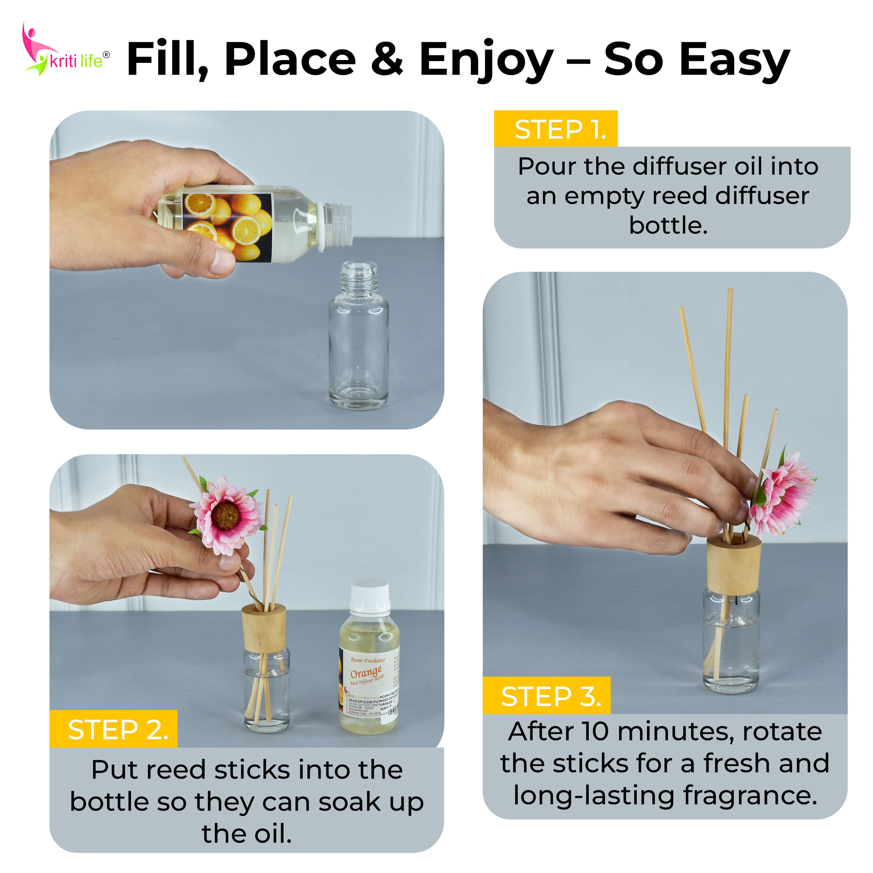 Kriti Life Reed Diffuser Refill - Orange 90ML Long-Lasting Room Fragrance