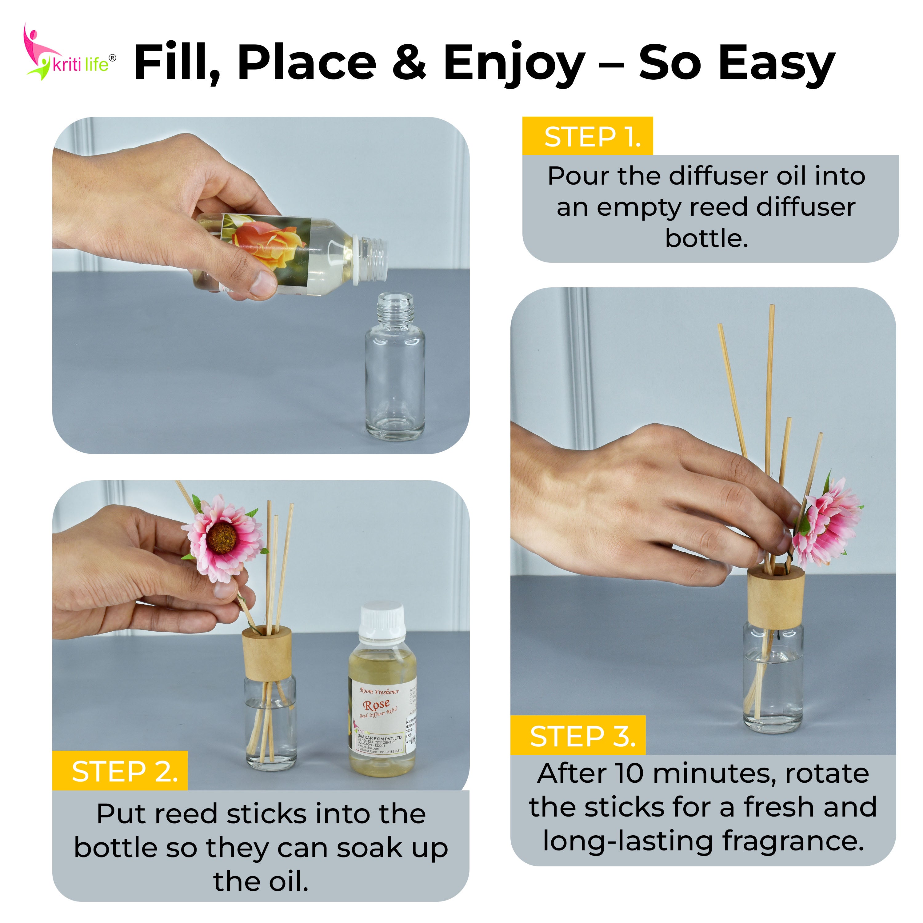 Kriti Life Reed Diffuser Refill - Rose 90ML Long-Lasting Room Fragrance