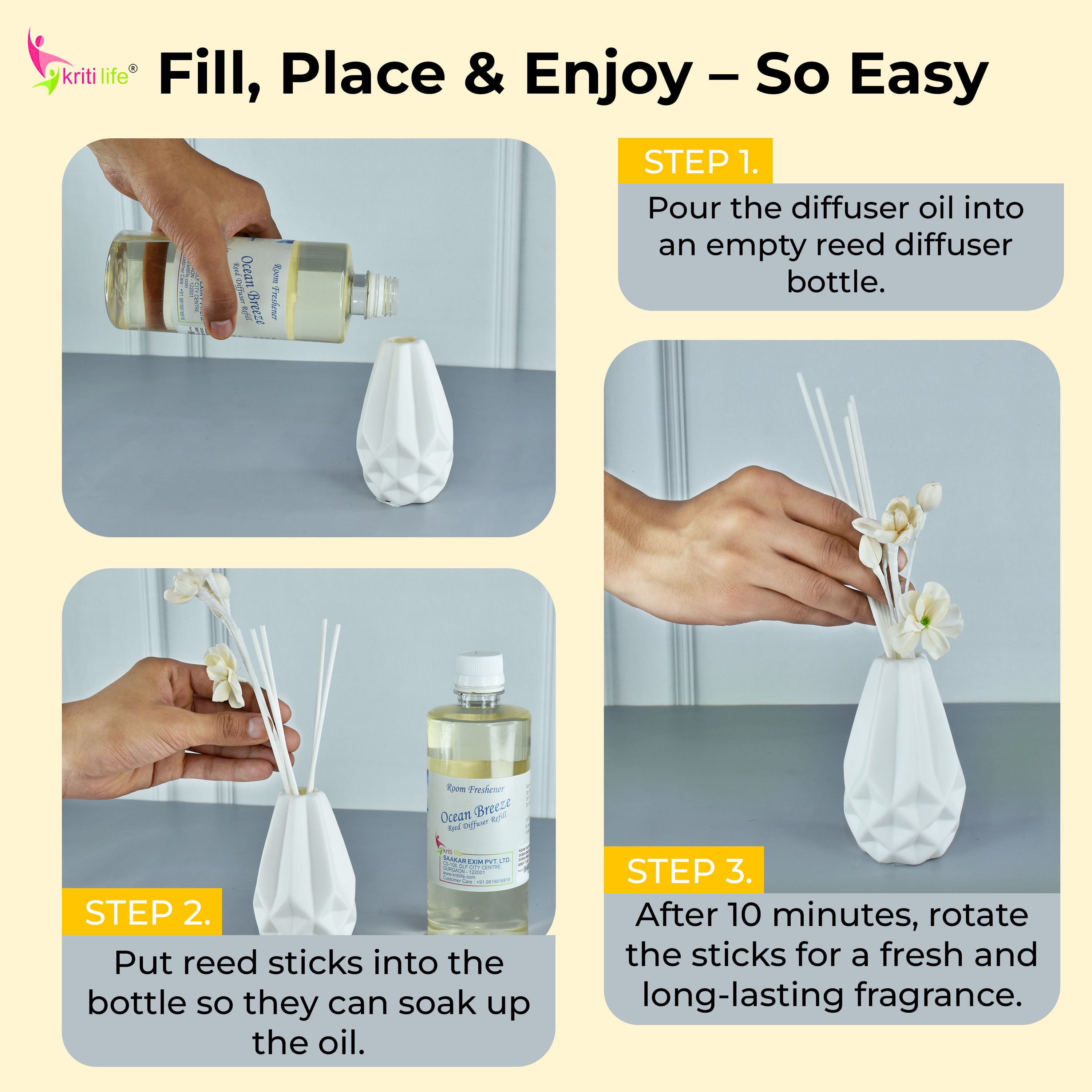 Kriti Life Reed Diffuser Refill - Ocean Breeze 450ML Long-Lasting Room Fragrance