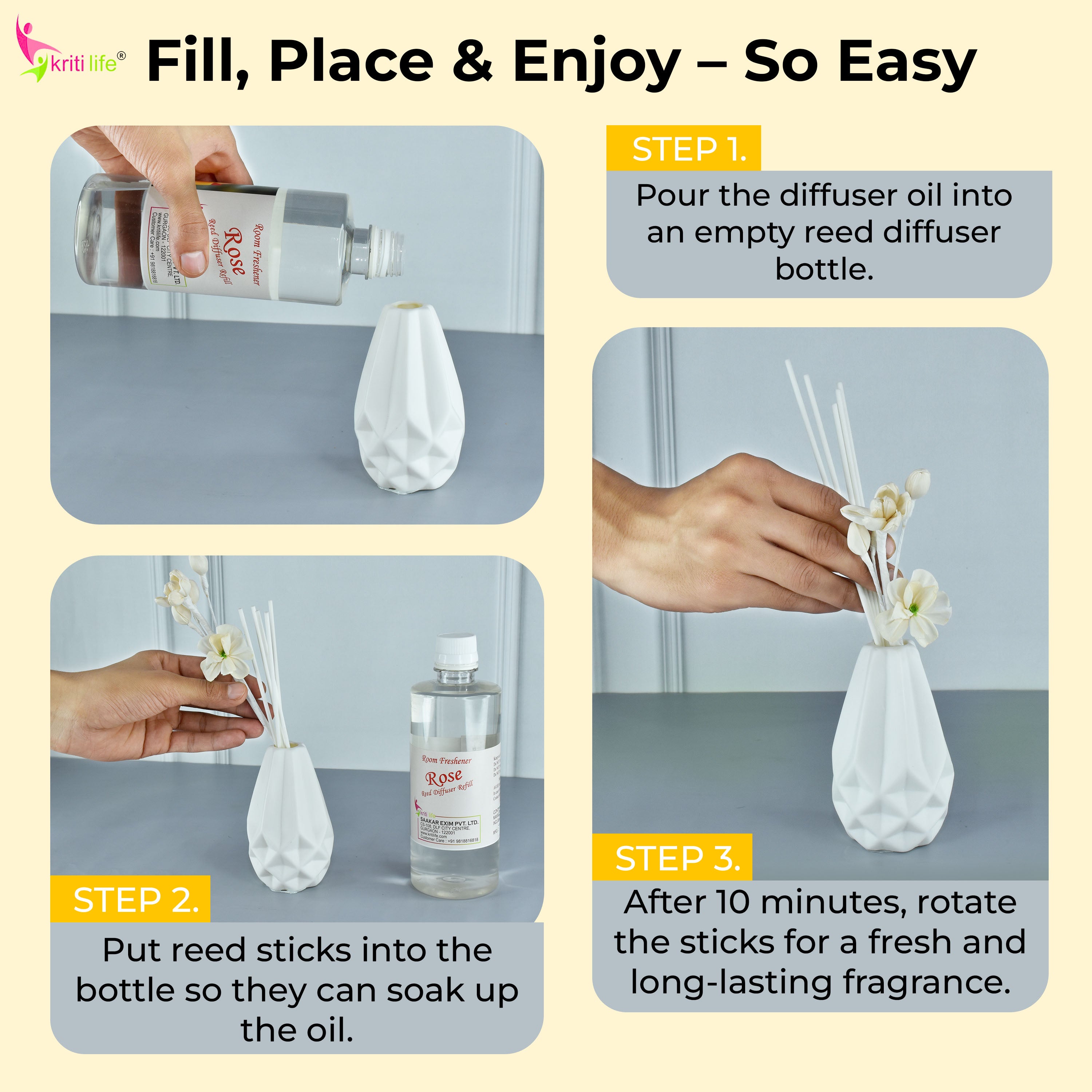 Kriti Life Reed Diffuser Refill - Rose 450ML Long-Lasting Room Fragrance