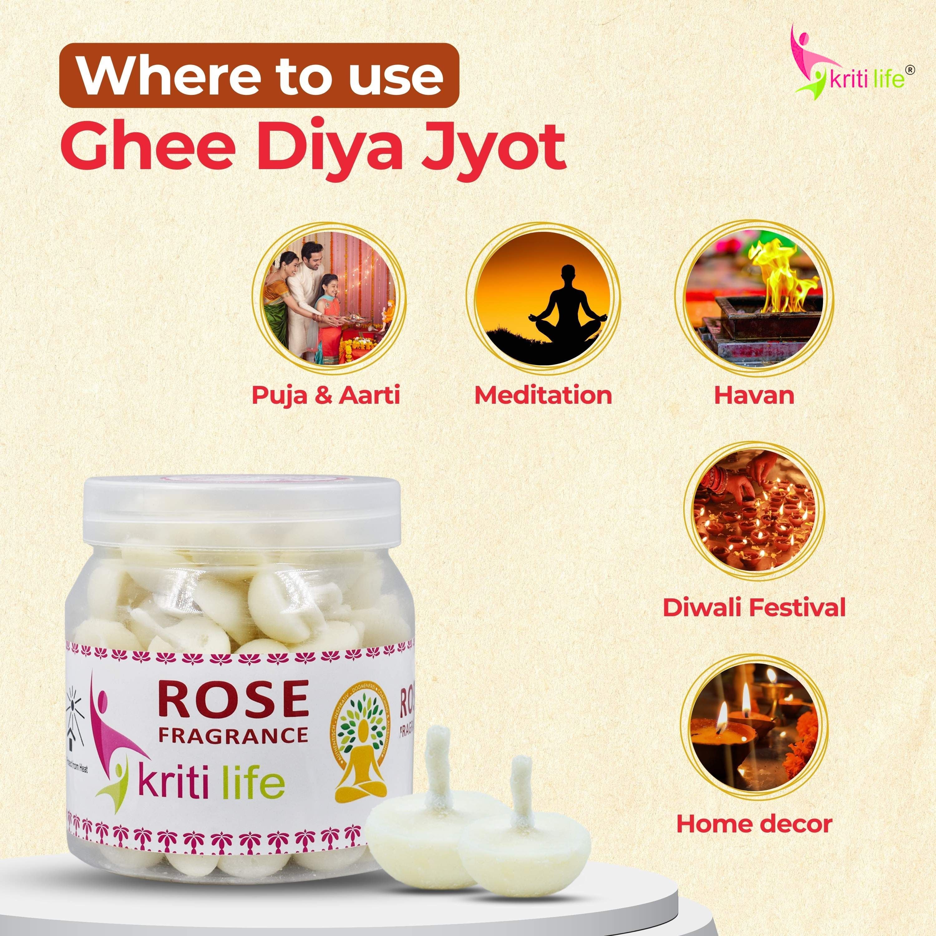 Kriti Life Scented Ghee Jyot Batti - Rose 100 Pcs for Puja Rituals