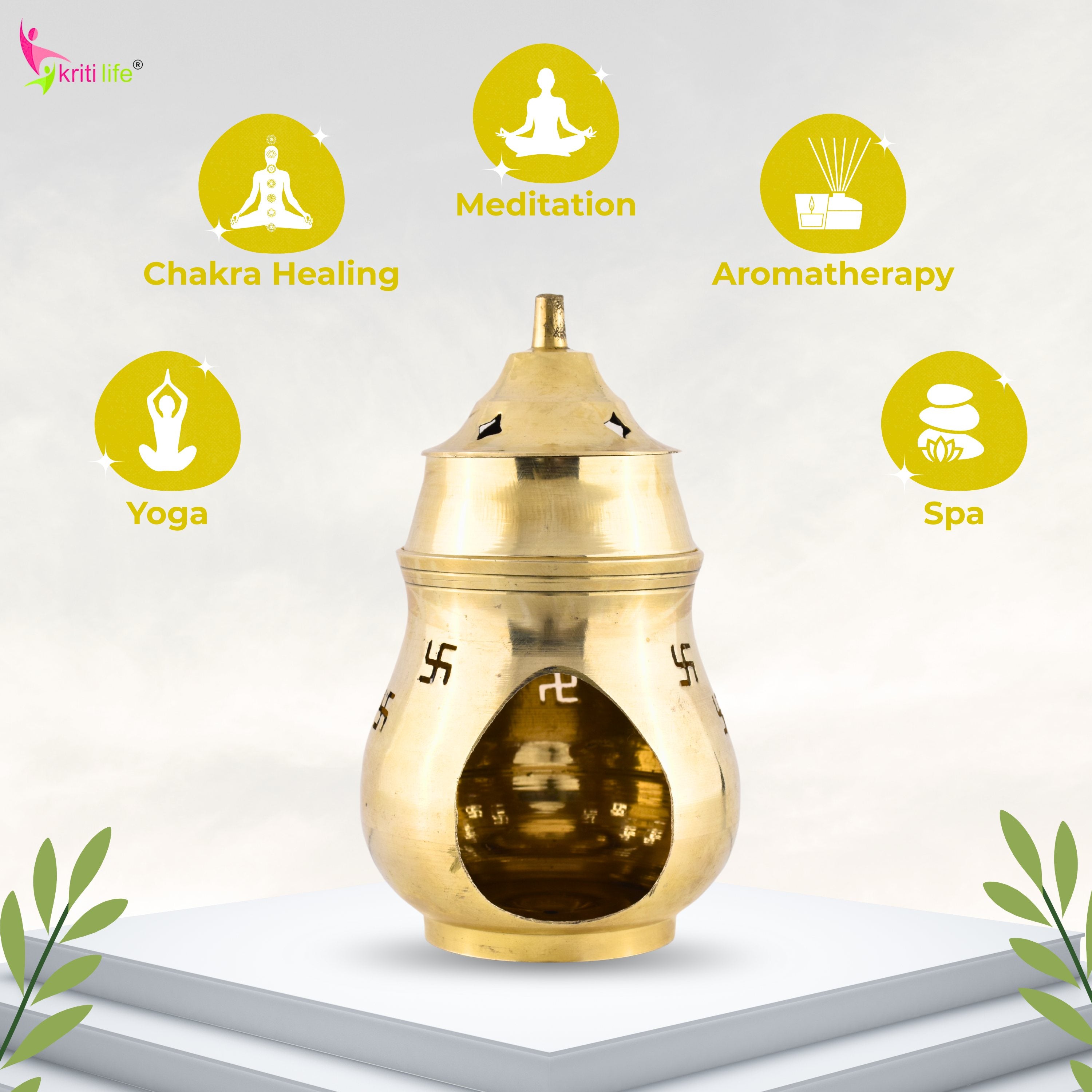 Brass Aroma Oil Burner with Lid & Swastik Design | Camphor & Essential Oil Diffuser -5.5 inches