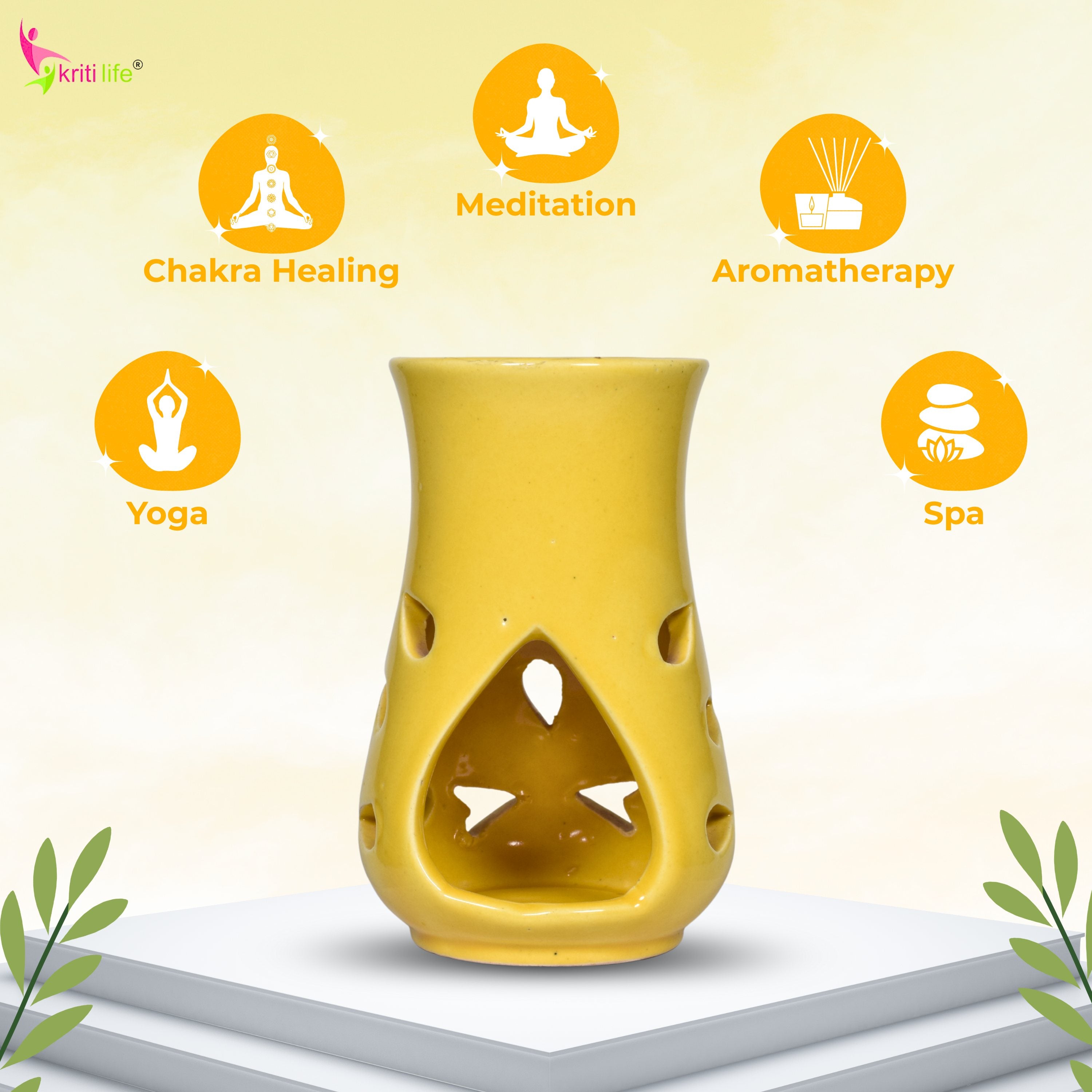 Yellow Ceramic Aroma Oil Burner with Essential Oils | Aromatherapy Diffuser for Home, Spa & Meditation-5 Inches
