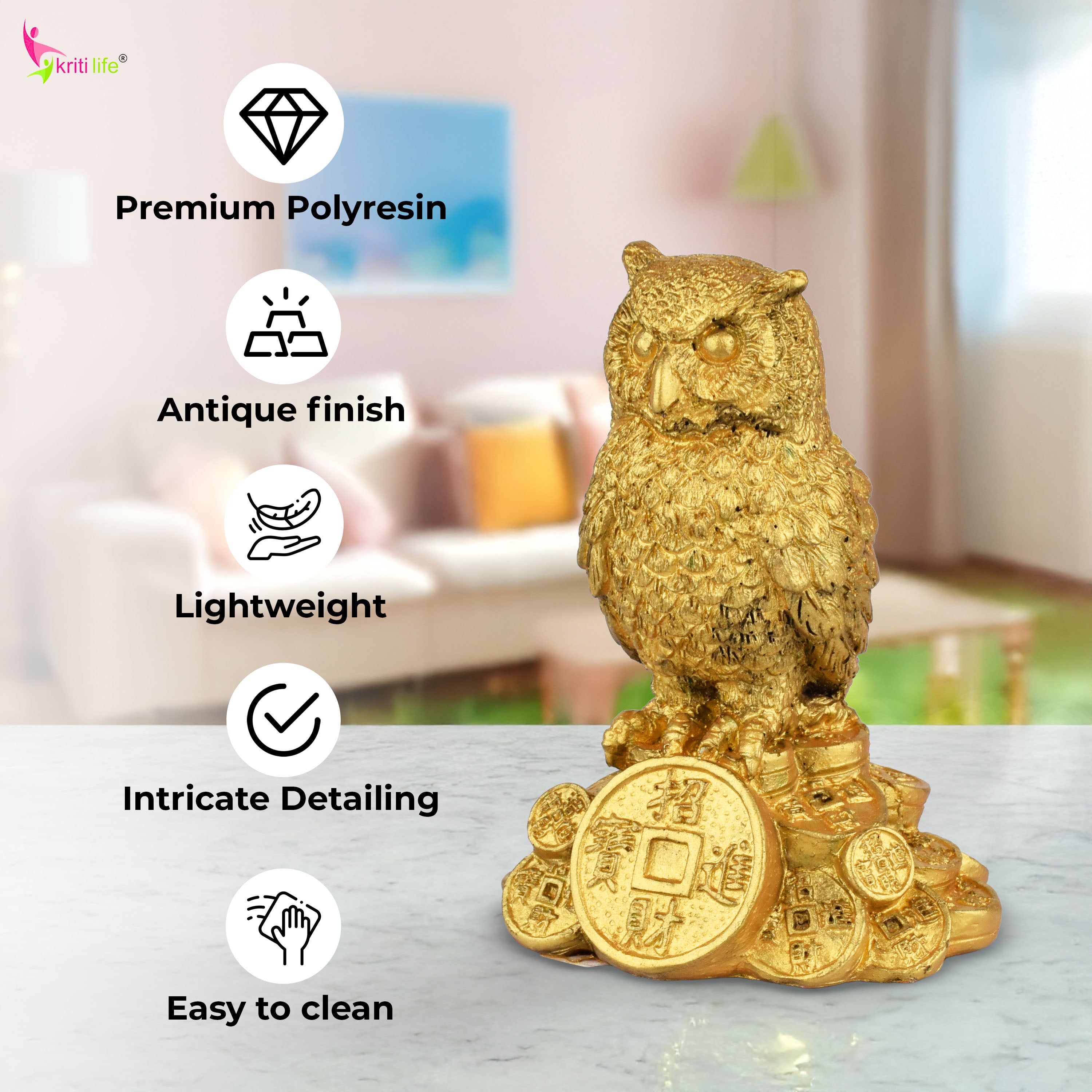 Feng Shui Owl Idol for Wisdom, Focus & Protection – Premium Polyresin Decor-3.5 inches