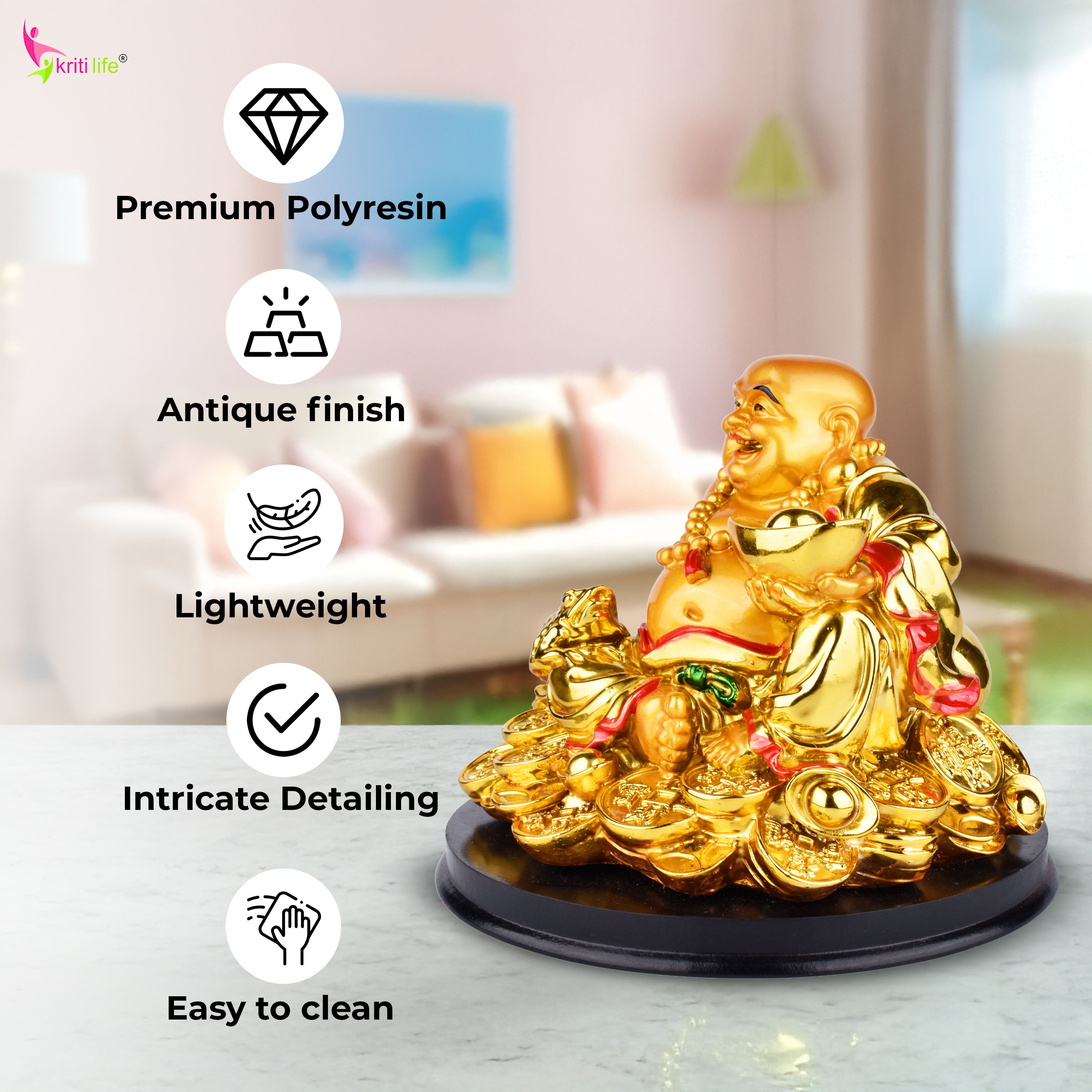 Feng Shui Laughing Buddha Idol with Wealth Bowl – Symbol of Joy, Wealth & Positivity- 8 inches