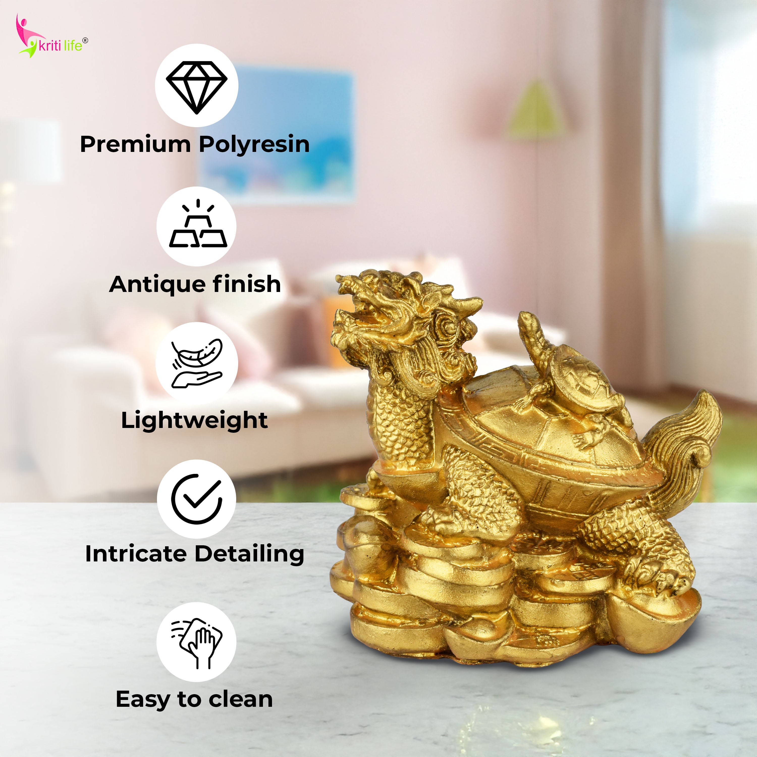 Feng Shui Dragon Baby Tortoise Idol for Career Growth & Family Longevity- 3.5 inches