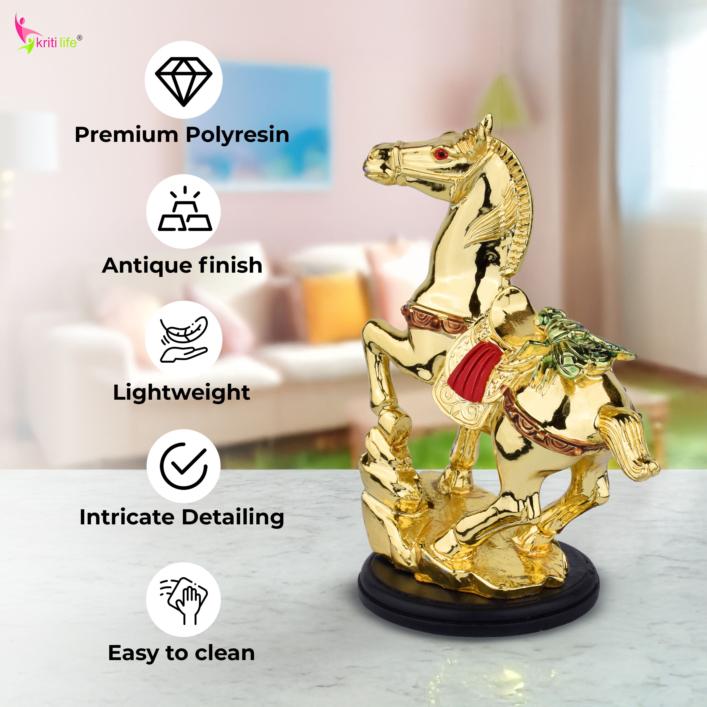 Feng Shui Flying Horse Idol – Career Growth, Fame & Promotions | Premium Golden Polyresin Figurine- 4 inches