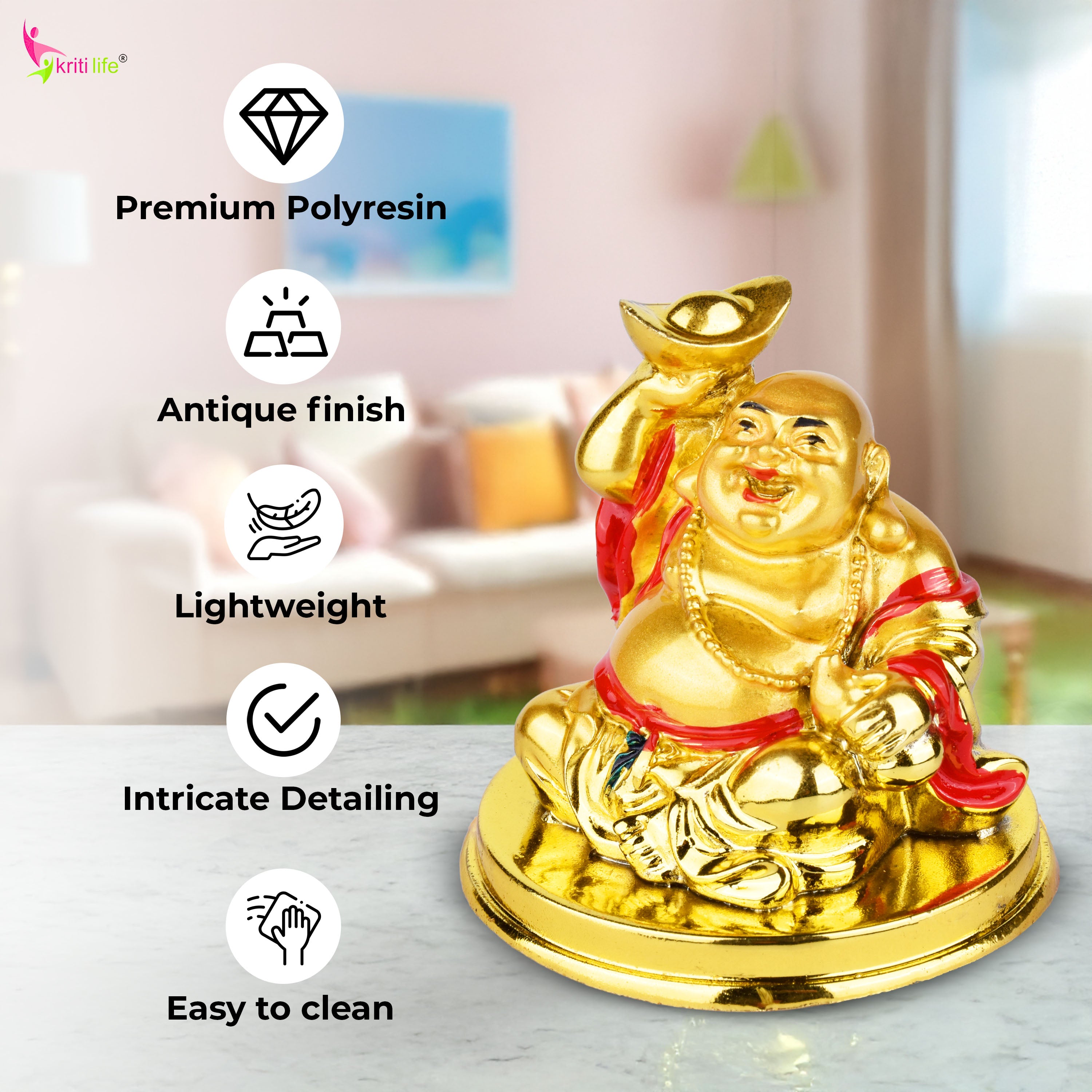 Feng Shui Golden Laughing Buddha Idol with Wealth Ingot | Prosperity & Positivity- 2.5 inches