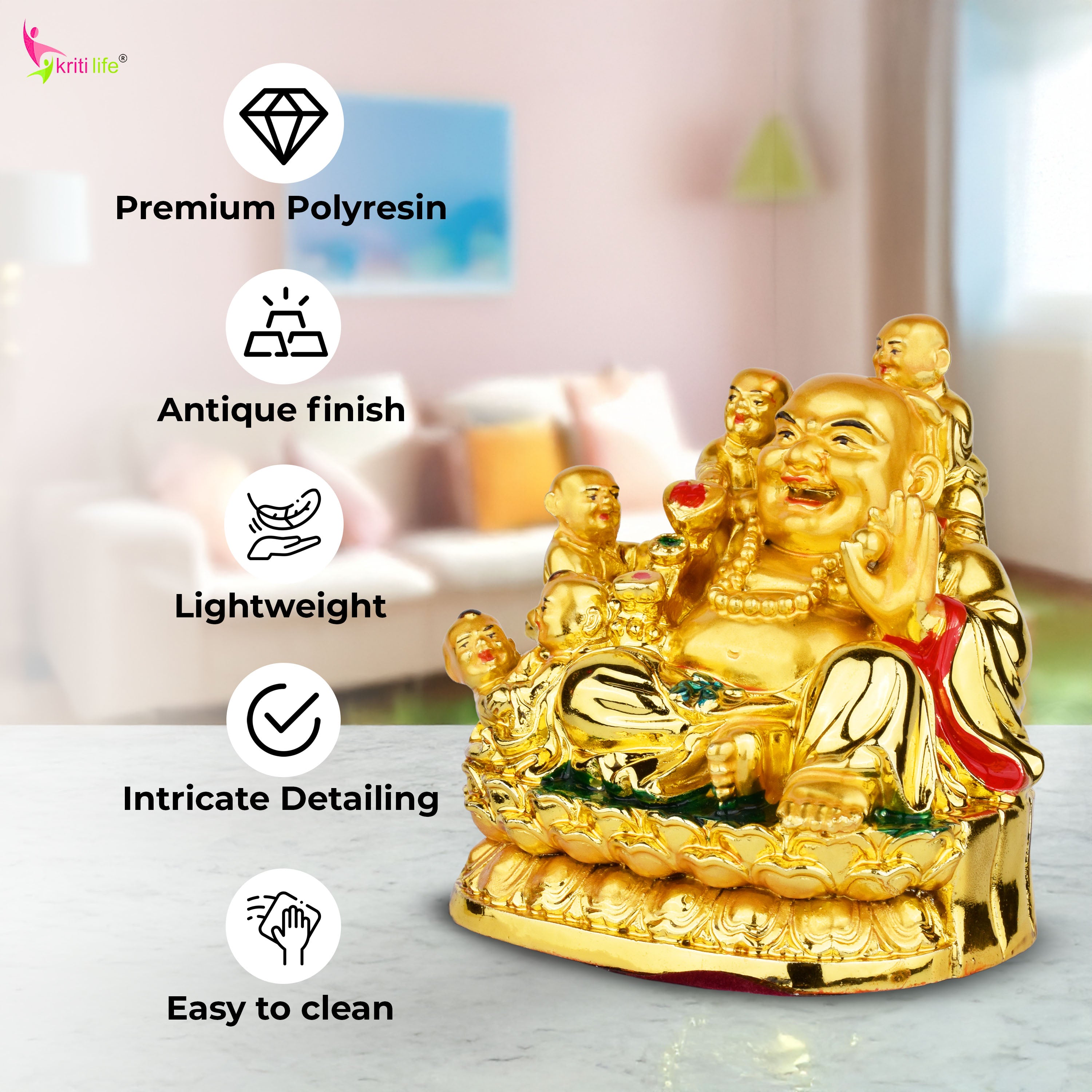 Feng Shui Laughing Buddha with Baby | Golden Polyresin Feng Shui Idol for Happiness, Wealth & Positivity- 4 inches