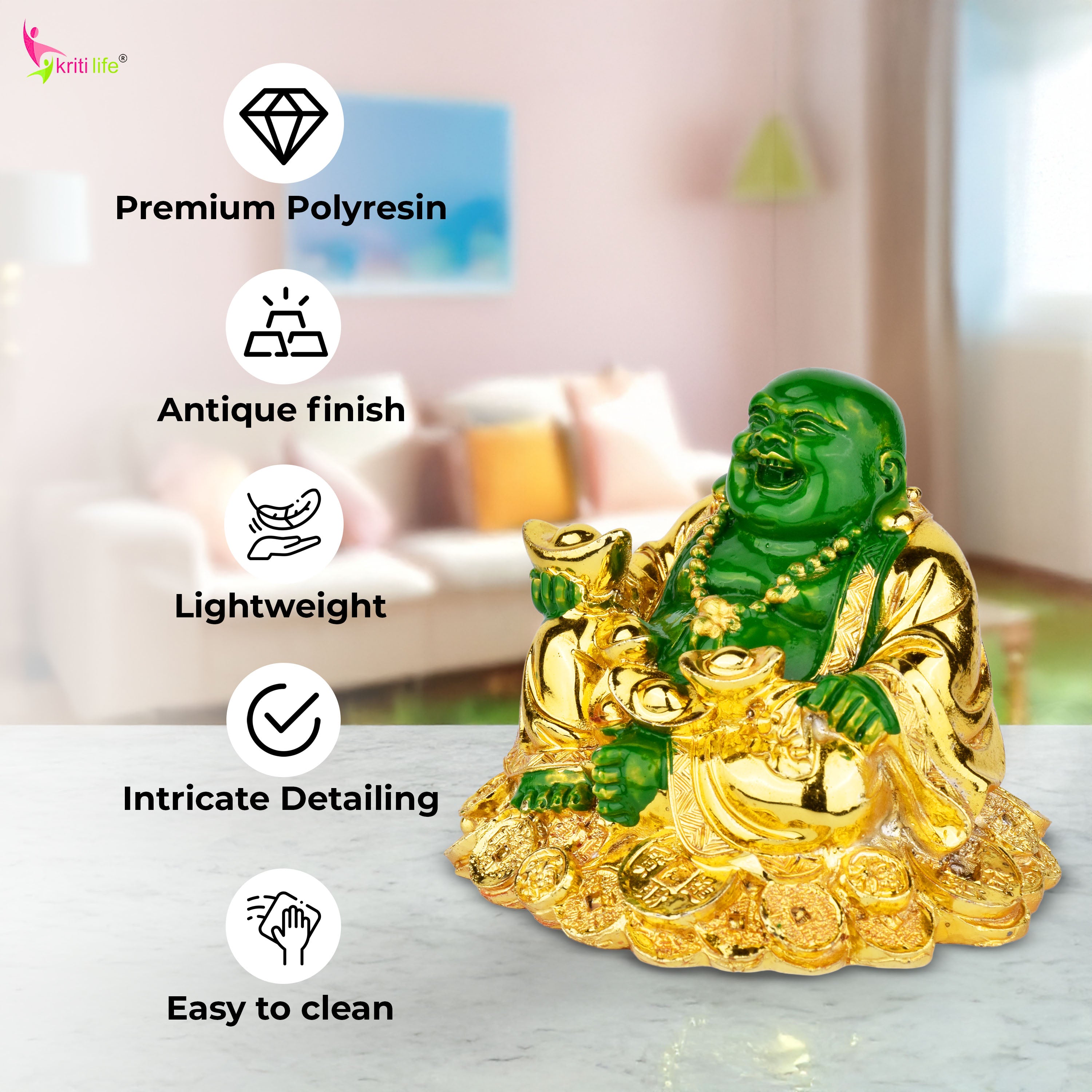 Feng Shui Green & Golden Laughing Buddha Sitting on Coins | for Wealth, Positivity & Happiness- 2.75 inches (5062166)