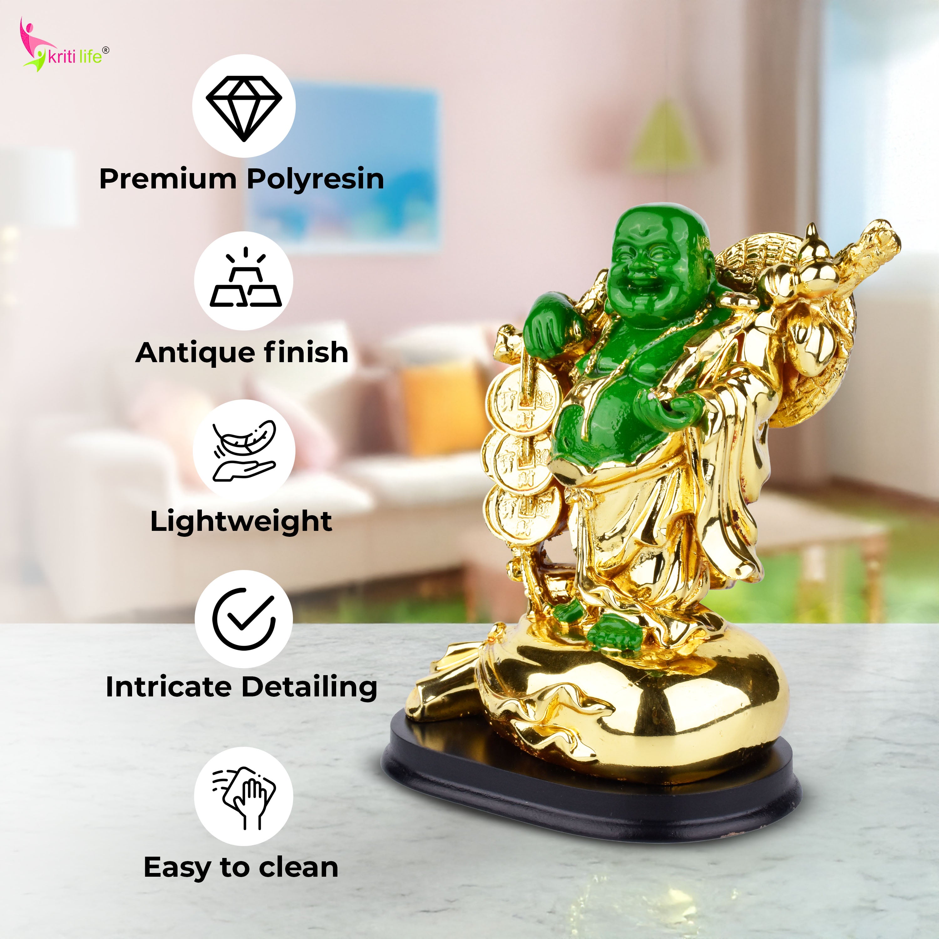 Feng Shui Laughing Buddha Idol | Green & Golden Polyresin Showpiece for Wealth & Happiness | Feng Shui Home Décor- 6.5 inches