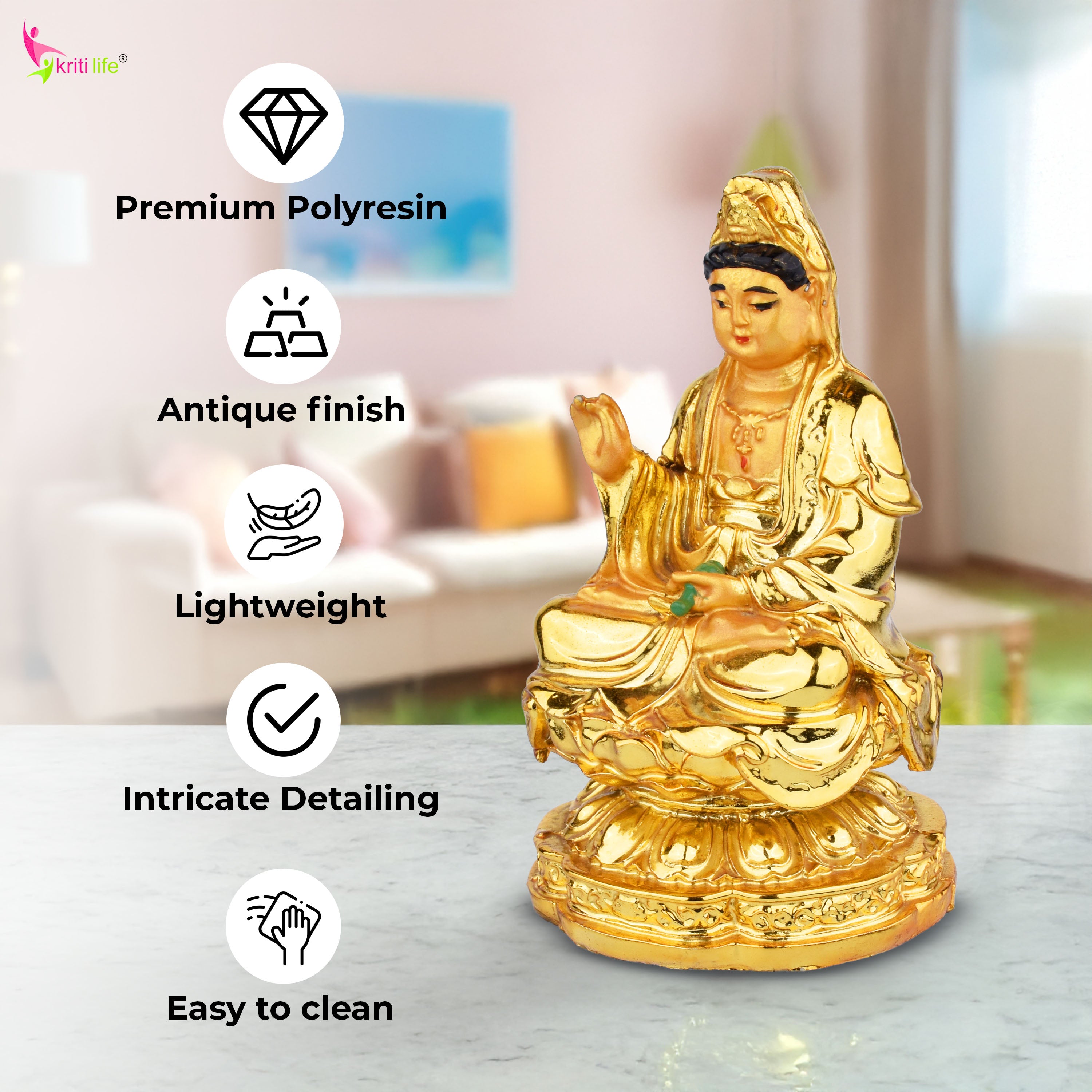 Feng Shui Mother Kwan Yin Idol – Goddess of Mercy for Peace, Healing & Spiritual Growth- 4  inches