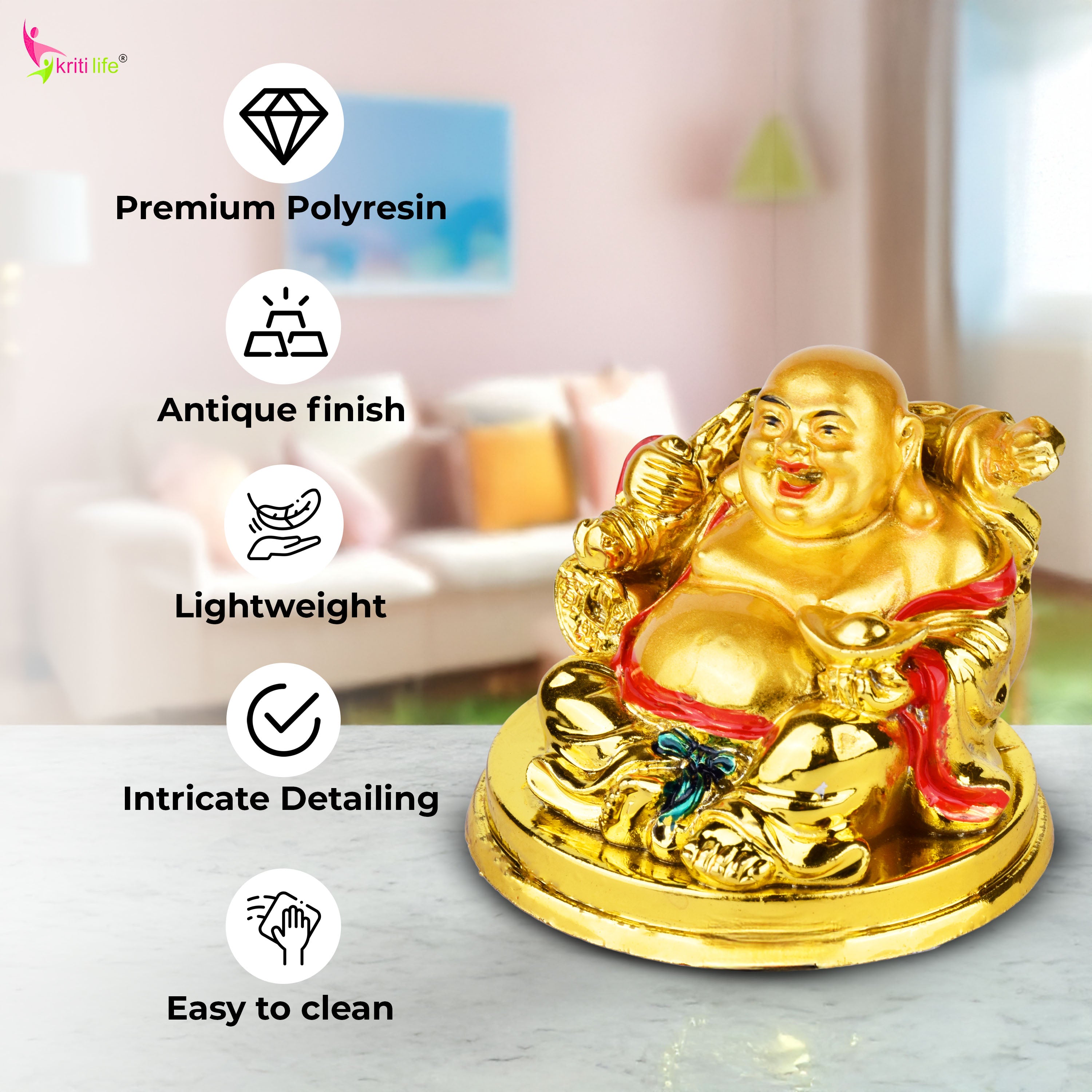 Feng Shui Golden Laughing Buddha Idol with Wealth Coin | Joy, Positivity & Prosperity- 2.5 inches