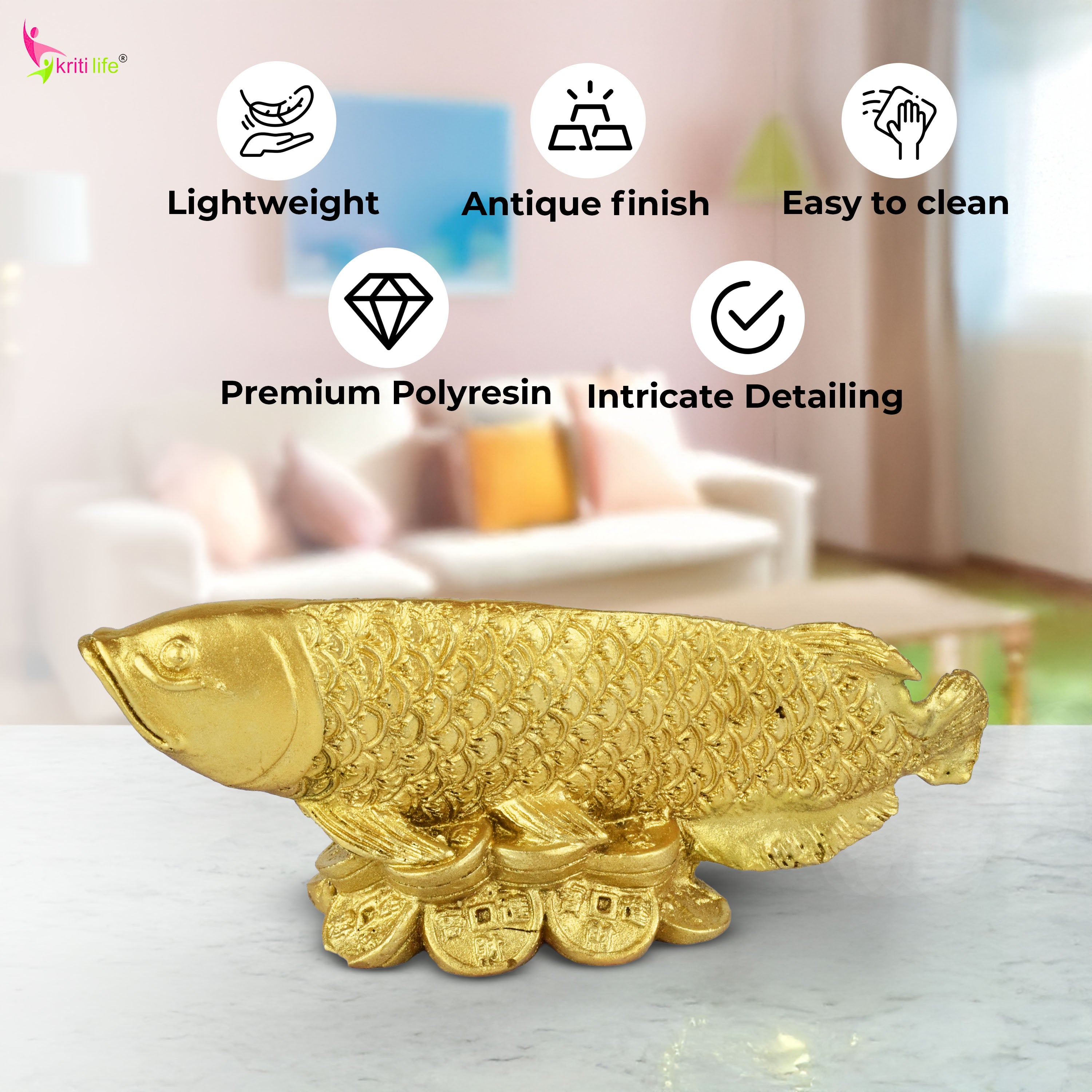 Feng Shui Arowana Fish Idol | Golden Polyresin Showpiece for Career Growth, Wealth & Protection 5 inches