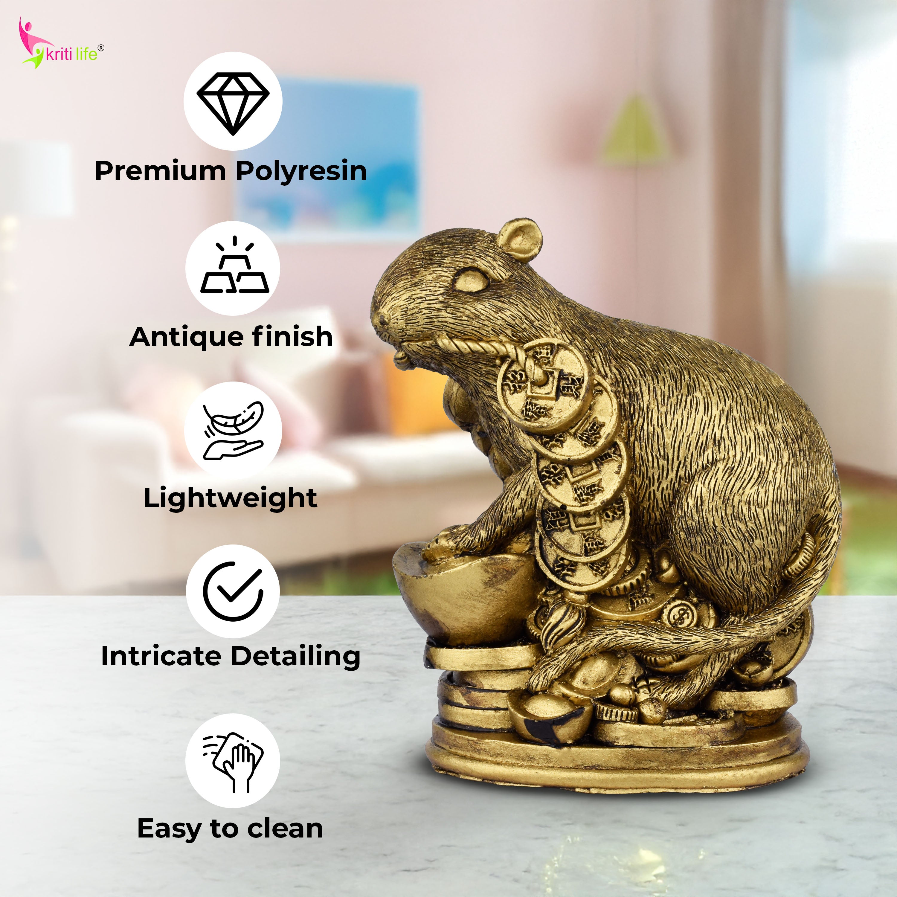 Feng Shui Wealth Rat Idol with Gold Bar | Symbol of Prosperity & Business Luck- 4 inches
