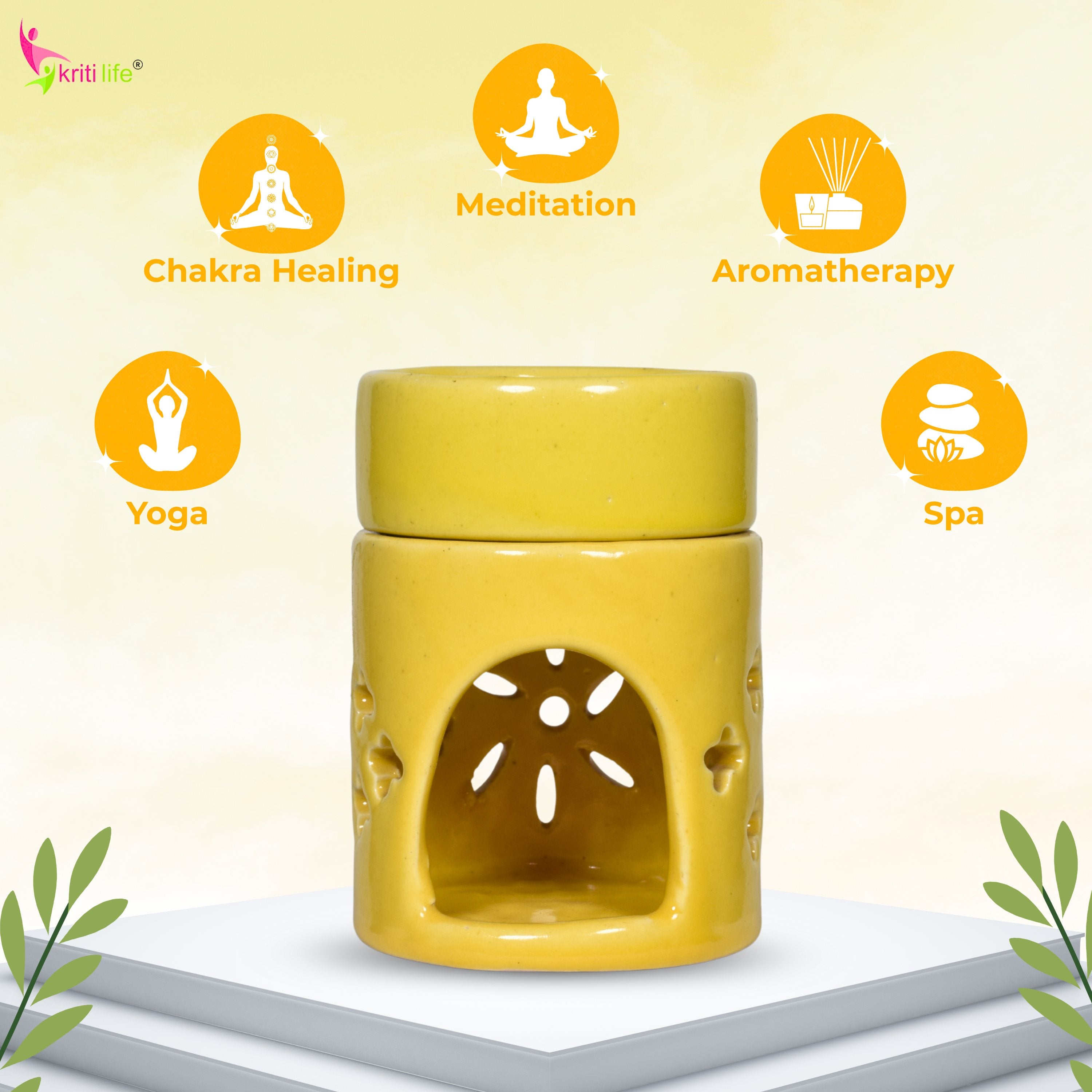 Round Top Yellow Ceramic Aroma Oil Burner | Stress Relief & Aromatherapy Diffuser for Meditation, Spa & Home- 4 inches