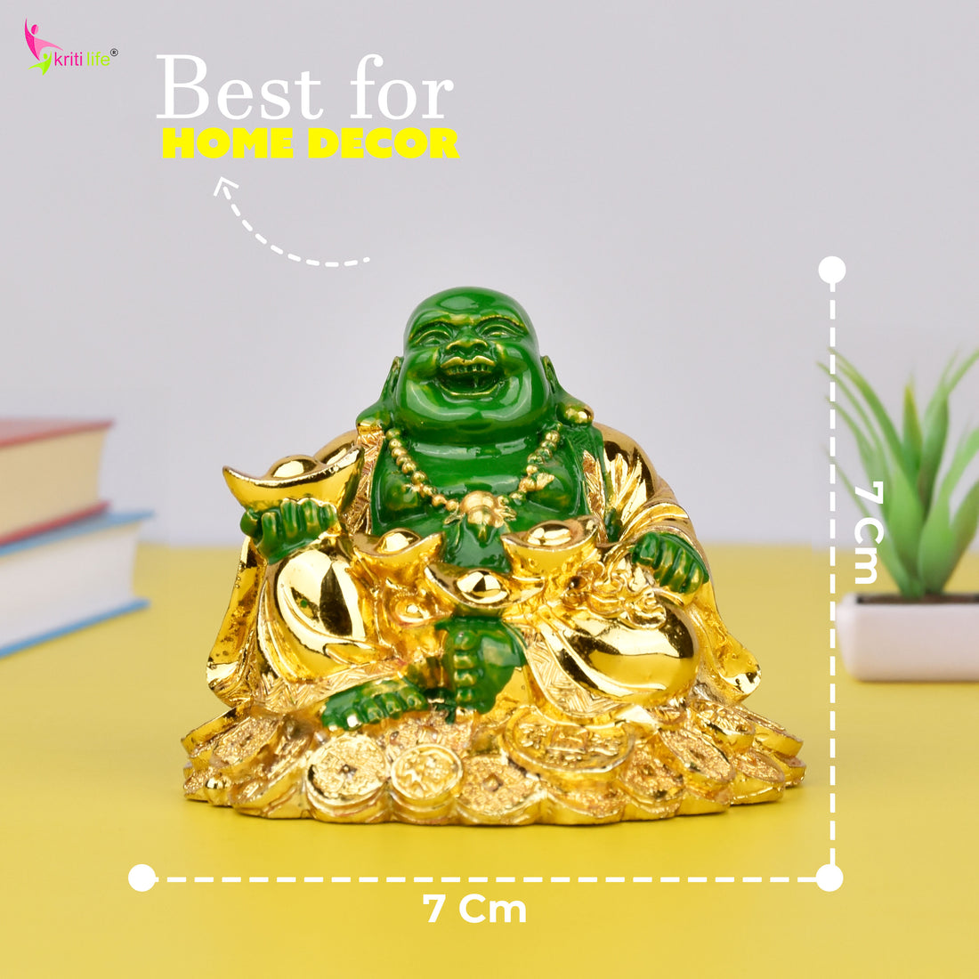 Feng Shui Green & Golden Laughing Buddha Sitting on Coins | for Wealth, Positivity & Happiness- 2.75 inches (5062166)