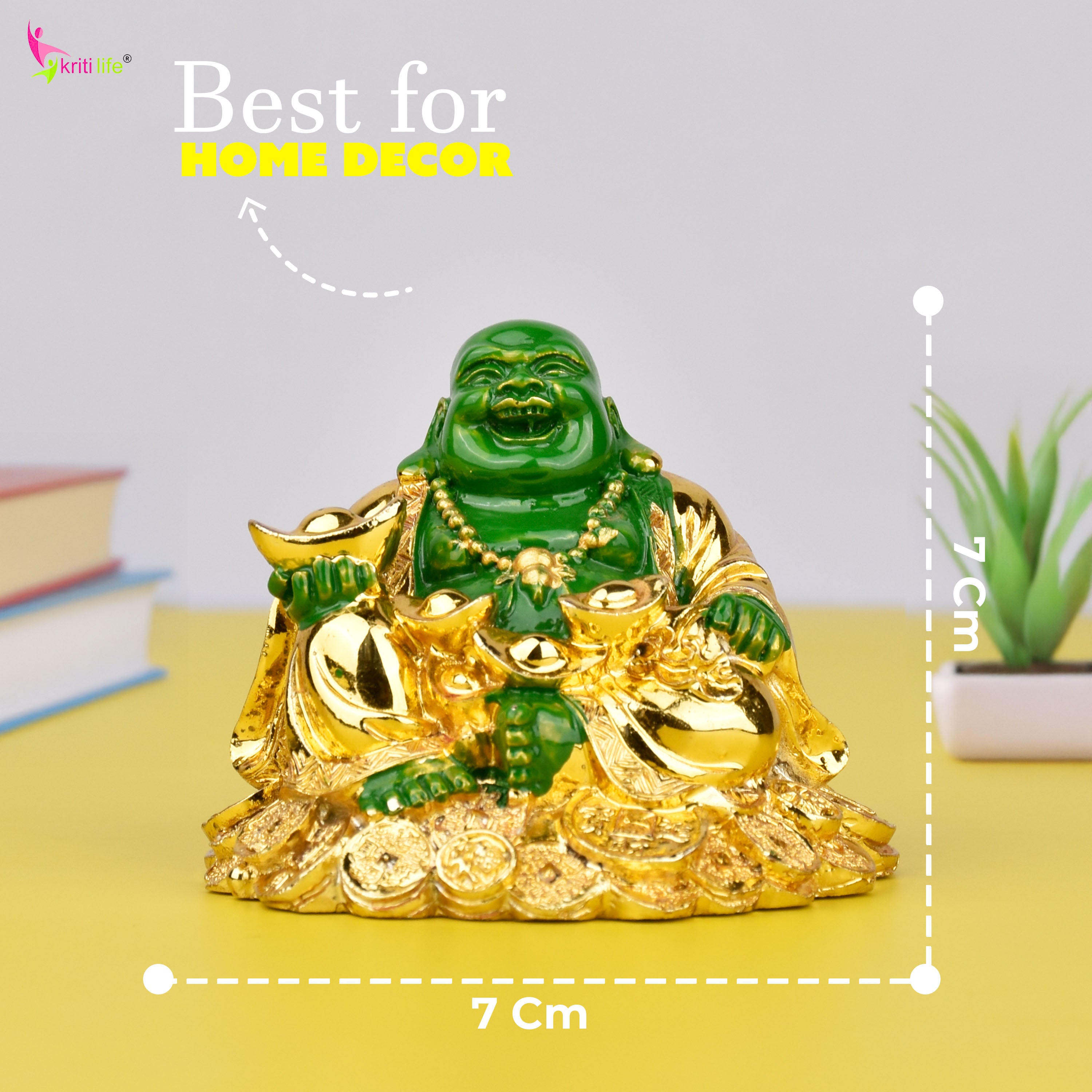 Feng Shui Green & Golden Laughing Buddha Sitting on Coins | for Wealth, Positivity & Happiness- 2.75 inches (5062166)