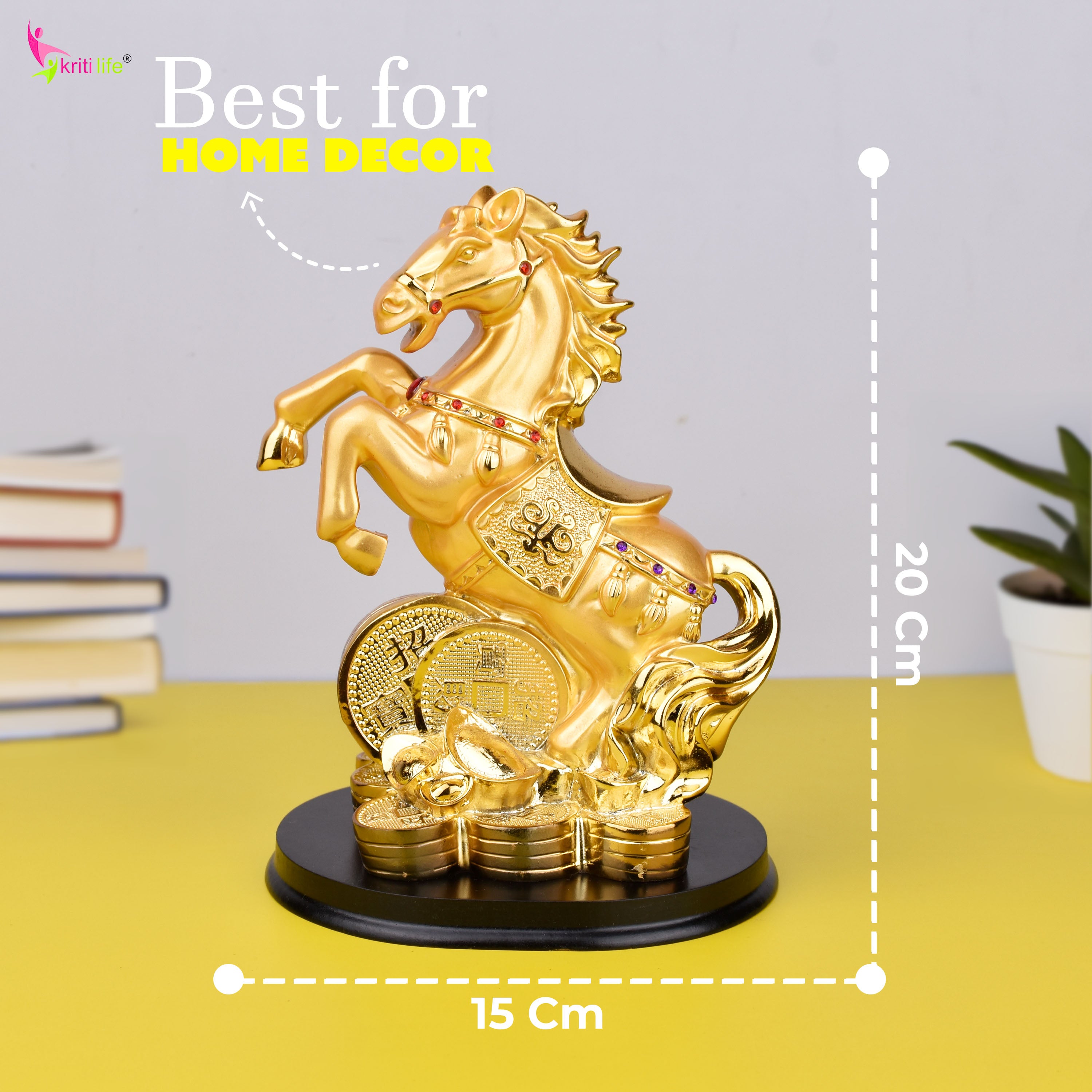 Feng Shui Victory Horse Idol on Coins | Golden Polyresin Showpiece for Career Growth, Fame & Wealth- 8 inches