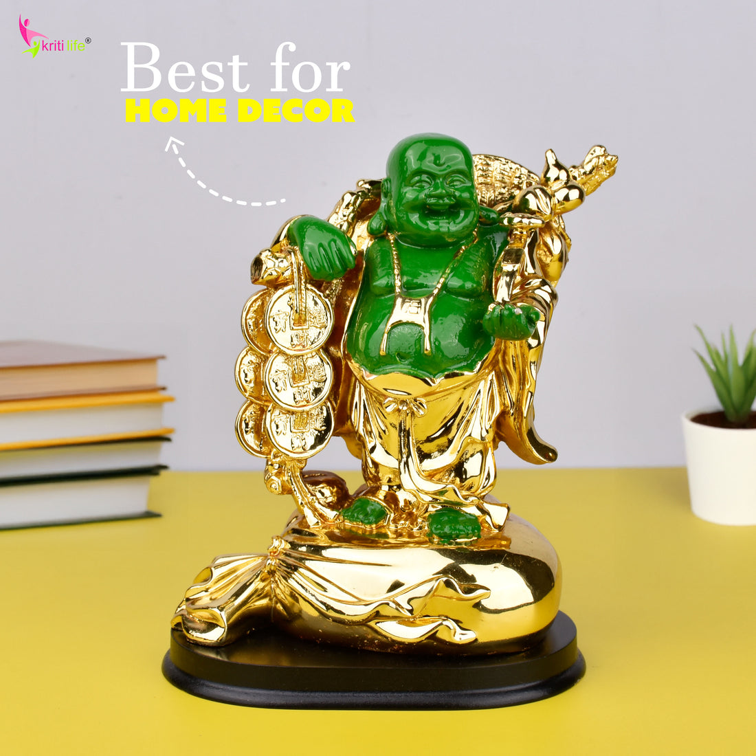 Feng Shui Laughing Buddha Idol | Green & Golden Polyresin Showpiece for Wealth & Happiness | Feng Shui Home Décor- 6.5 inches