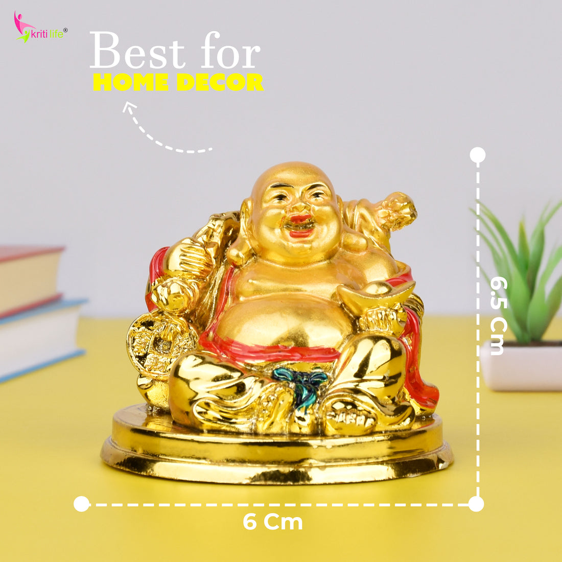 Feng Shui Golden Laughing Buddha Idol with Wealth Coin | Joy, Positivity & Prosperity- 2.5 inches